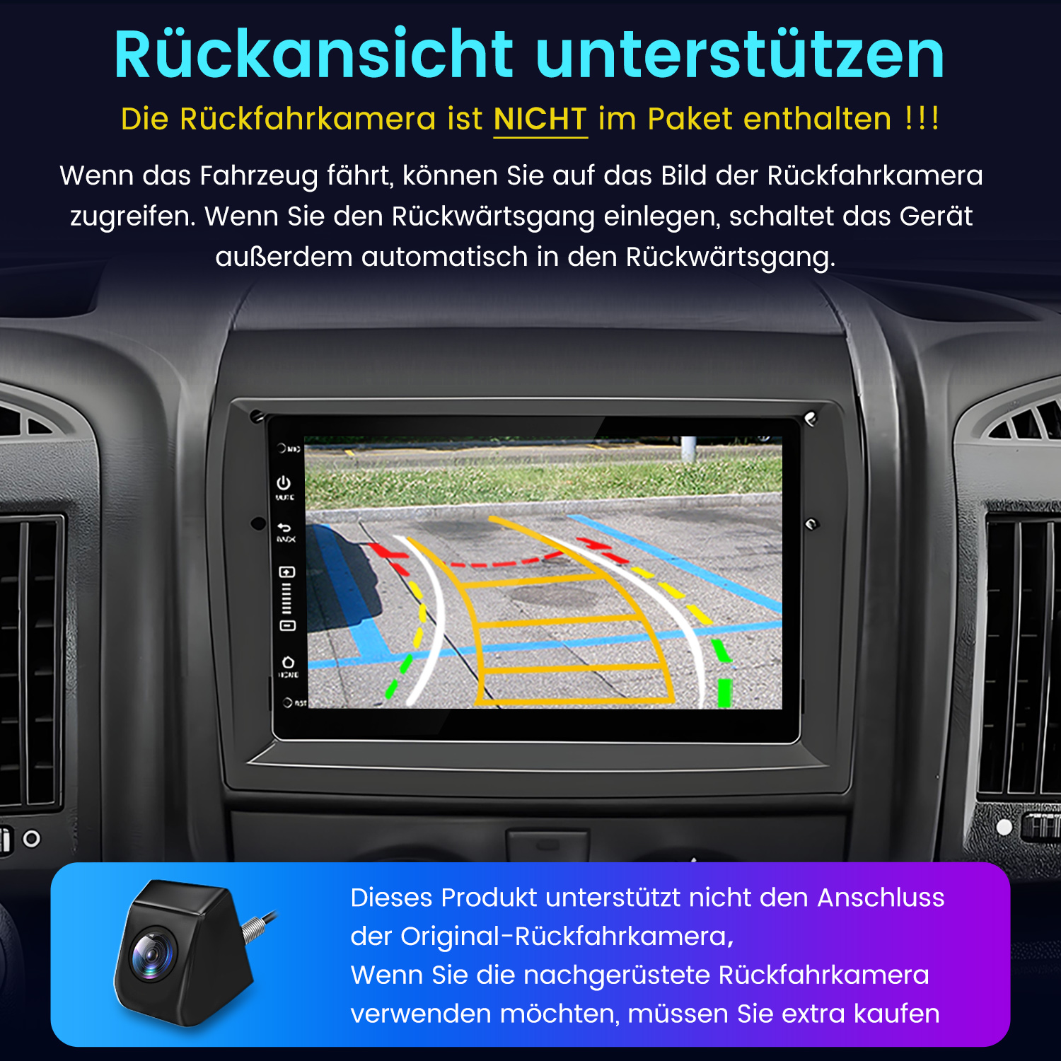 Armaturenbrettanzeige eines Autos mit Rückfahrkamera-Ansicht und Führungslinien. Eine schwarze Kamera im Vordergrund.