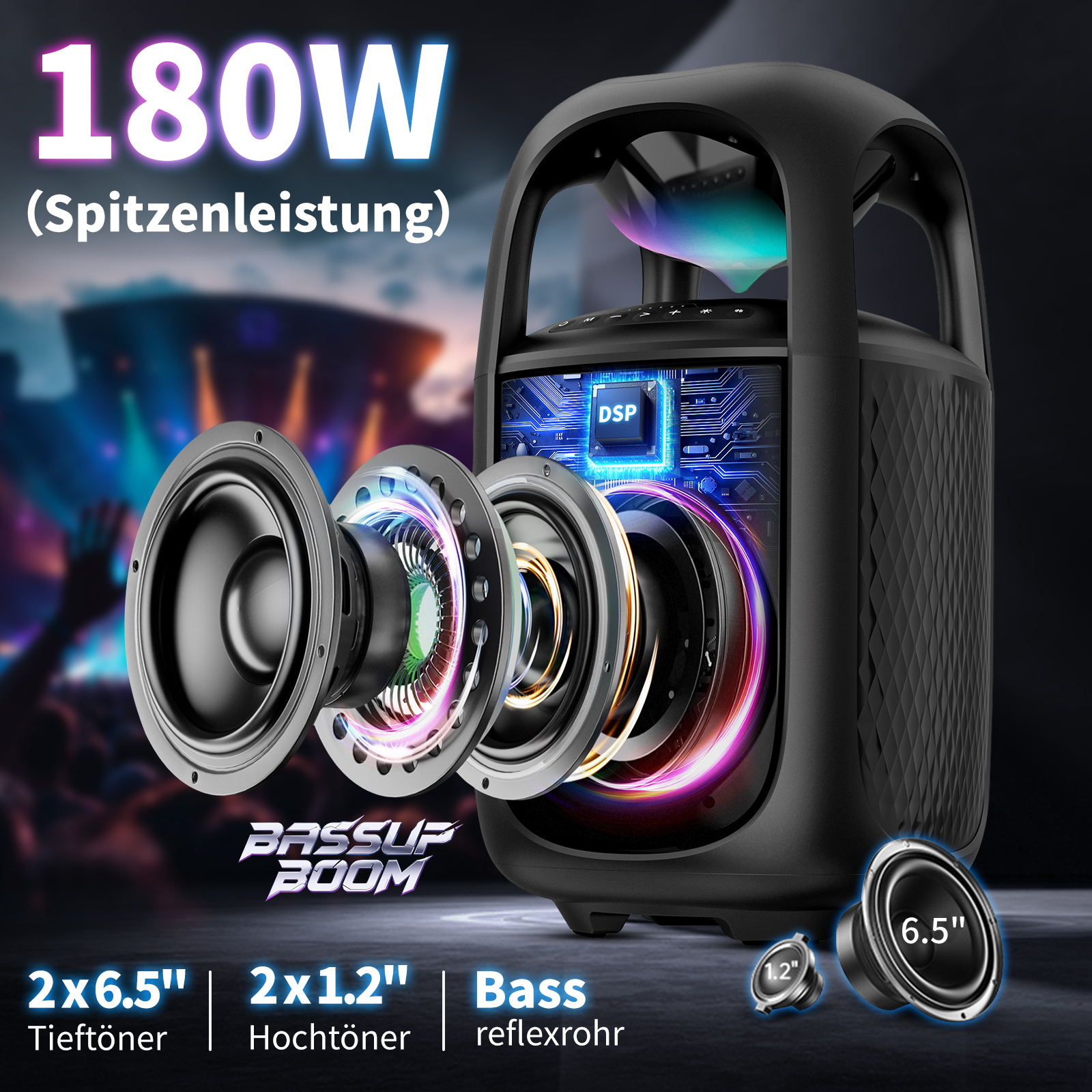 Schwarzer Lautsprecher mit freiliegenden Komponenten, beschriftet mit '180W', enthält Lautsprecher und DSP. Neonfarbener Konzert-Hintergrund.