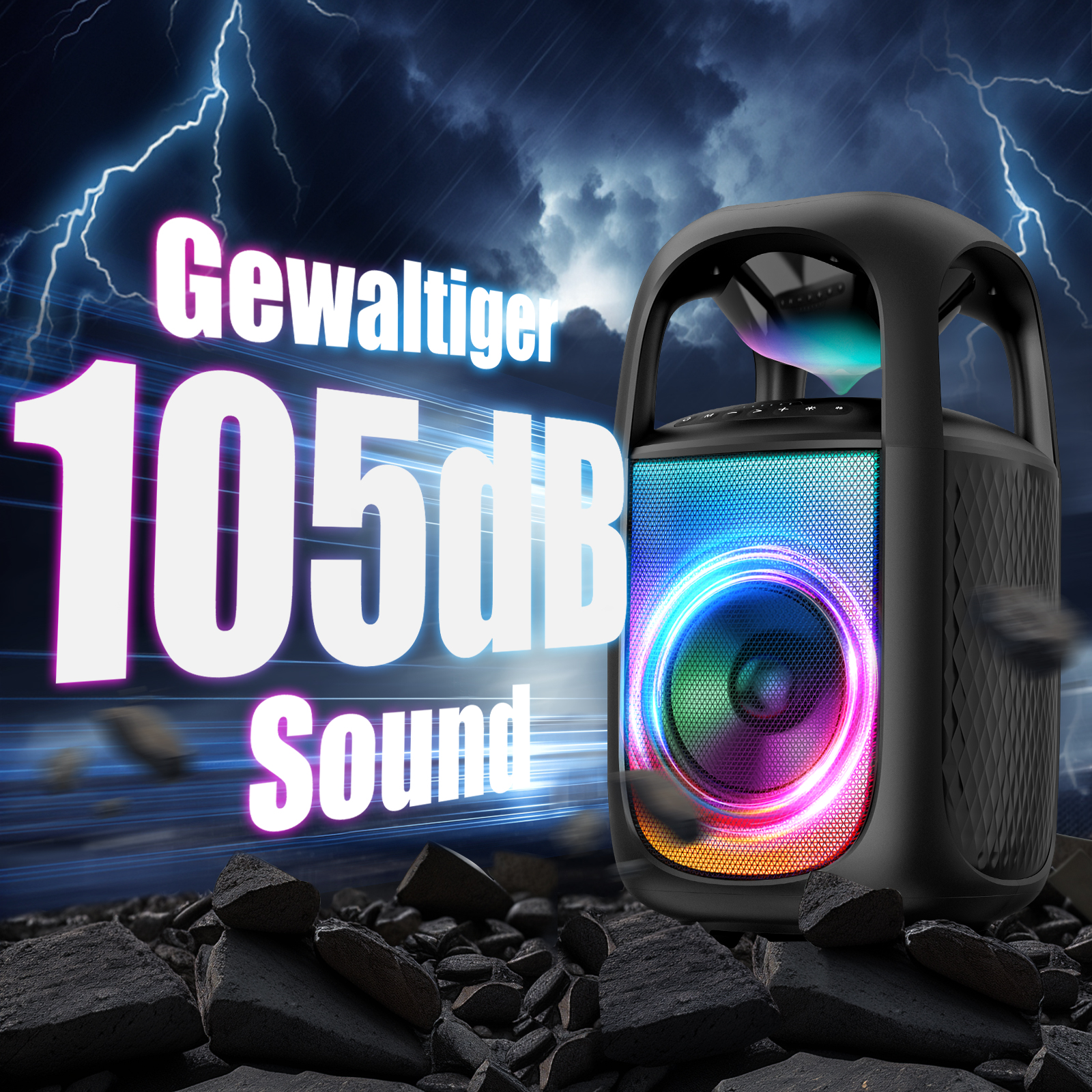 Schwarzer Lautsprecher mit bunten Lichtern und dem Text '105dB Sound' auf stürmischem Hintergrund mit Blitzen und Steinen im Vordergrund.