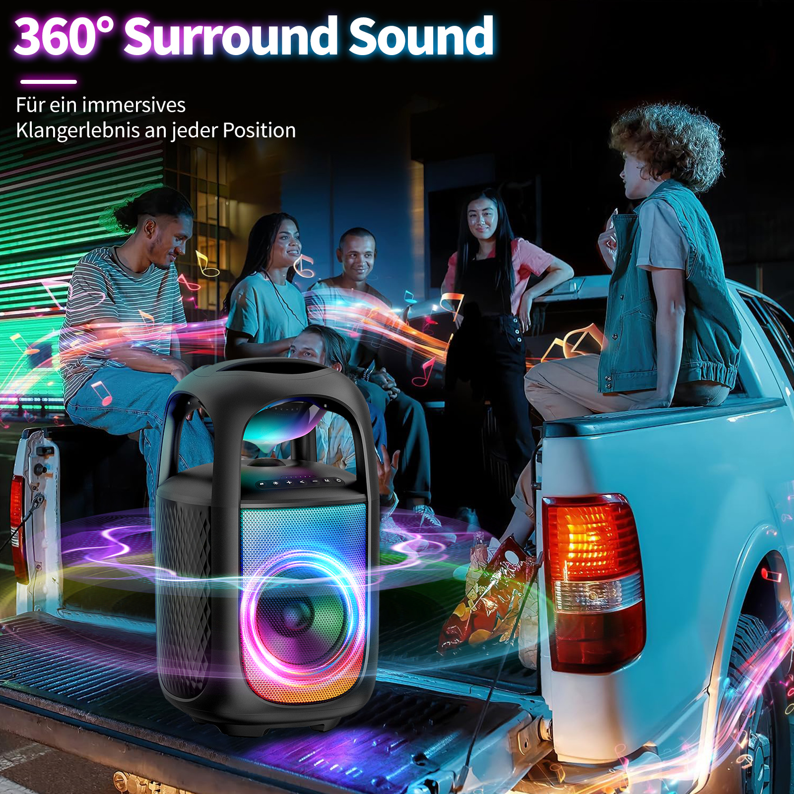 Gruppe von Leuten um einen LKW mit einem Lautsprecher, der Musik abspielt. Der Lautsprecher hat bunte Lichter.