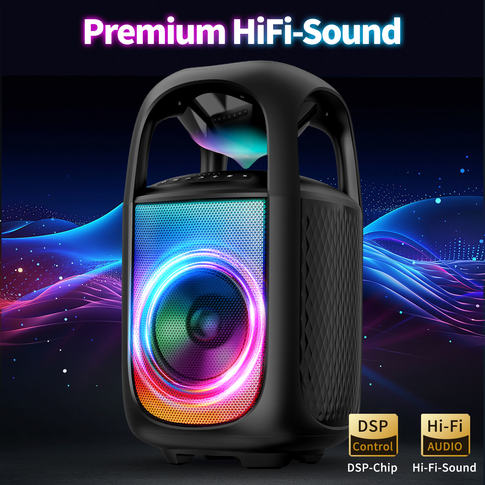 Schwarzer Lautsprecher mit bunten Lichteffekten. Er hat einen Griff und den Text "Premium HiFi-Sound".