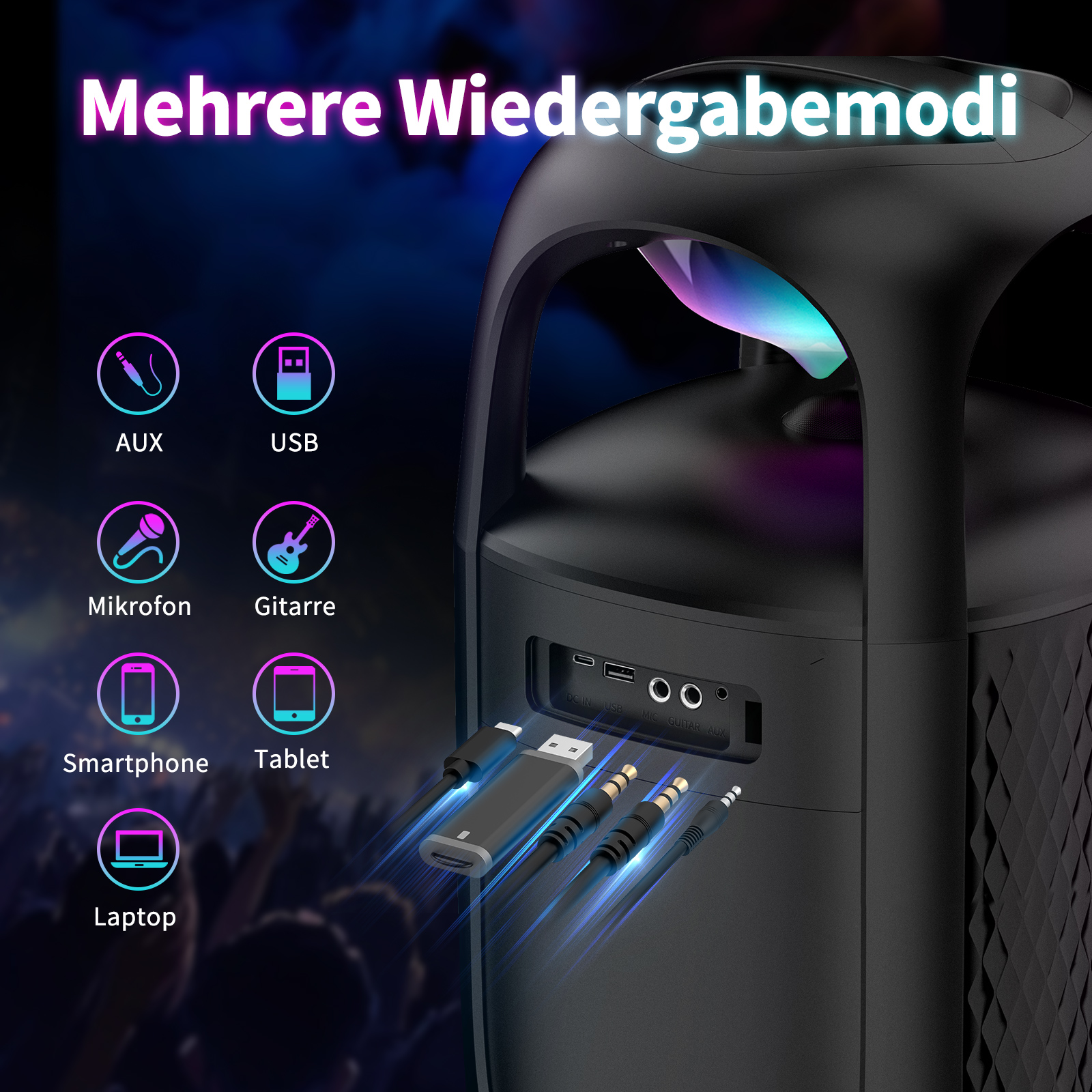 Schwarzer Lautsprecher mit Anschlussmöglichkeiten: AUX, USB, Mikrofon, Gitarre, Smartphone, Tablet und Laptop.