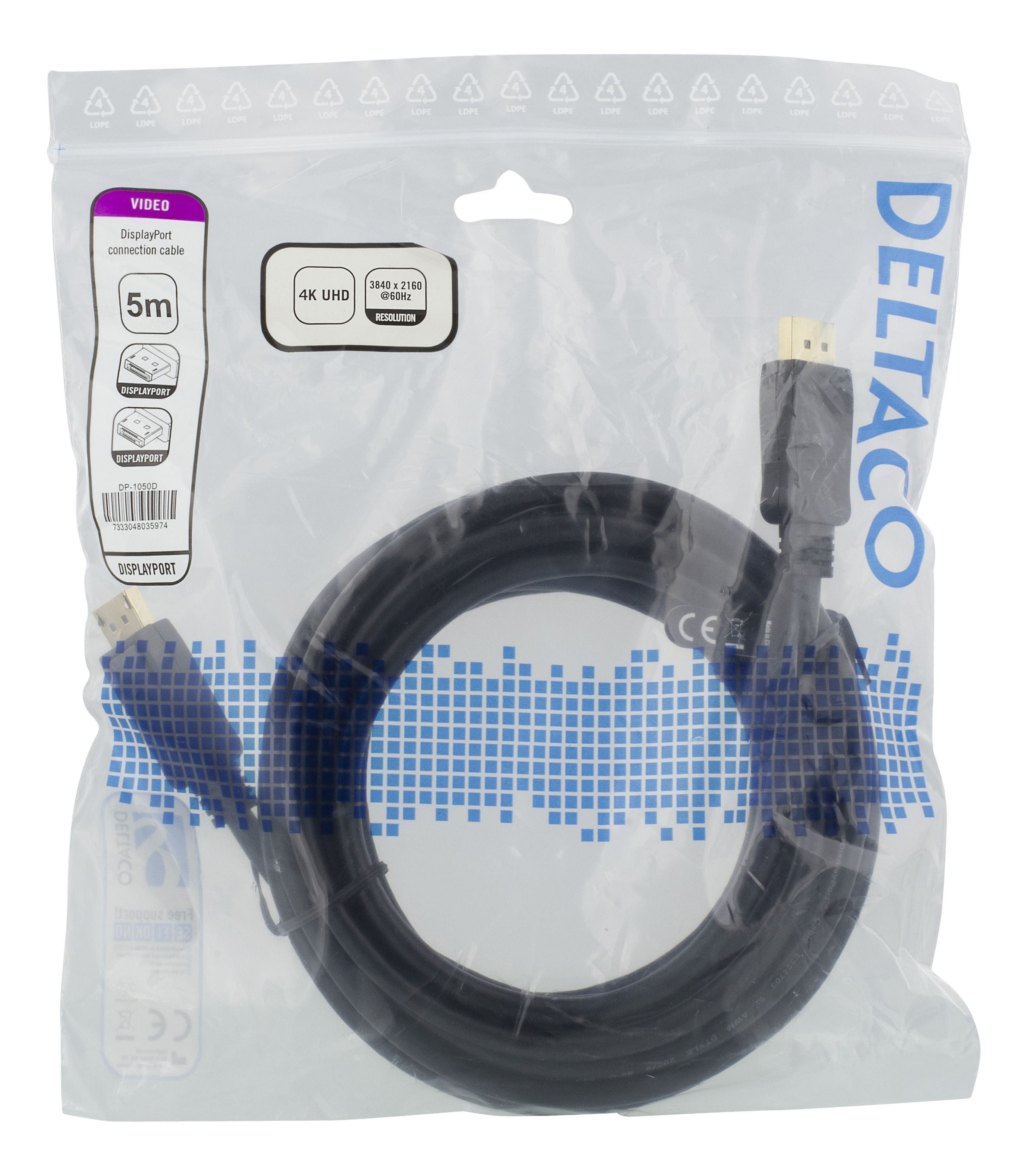 DisplayPort-Kabel in Plastiktüte. Die Tüte enthält Informationen zu den Kabelspezifikationen und dem Markennamen.