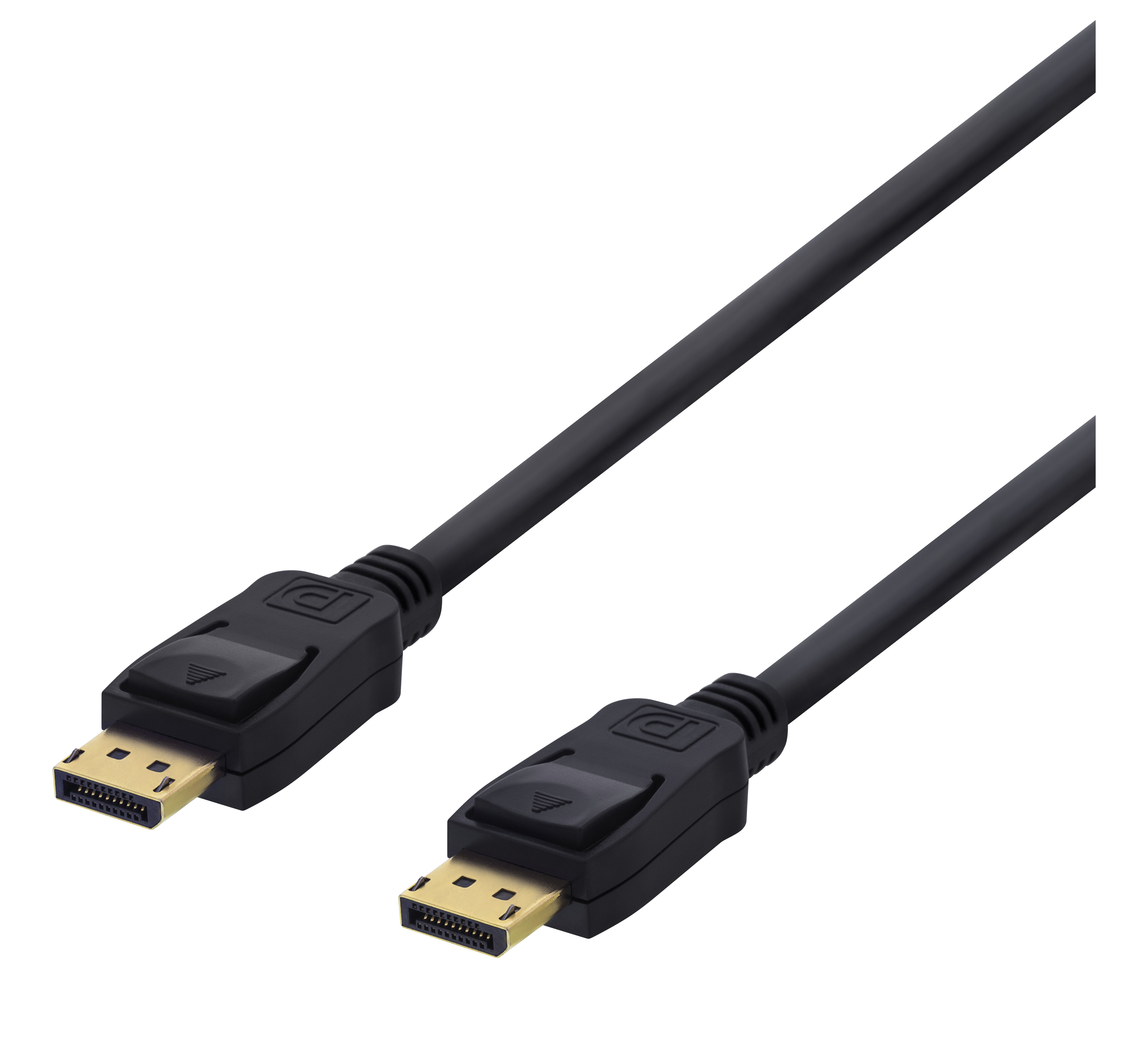 Zwei schwarze DisplayPort-Kabel auf schwarzem Hintergrund. Die Stecker sind schwarz mit goldenen Pins.