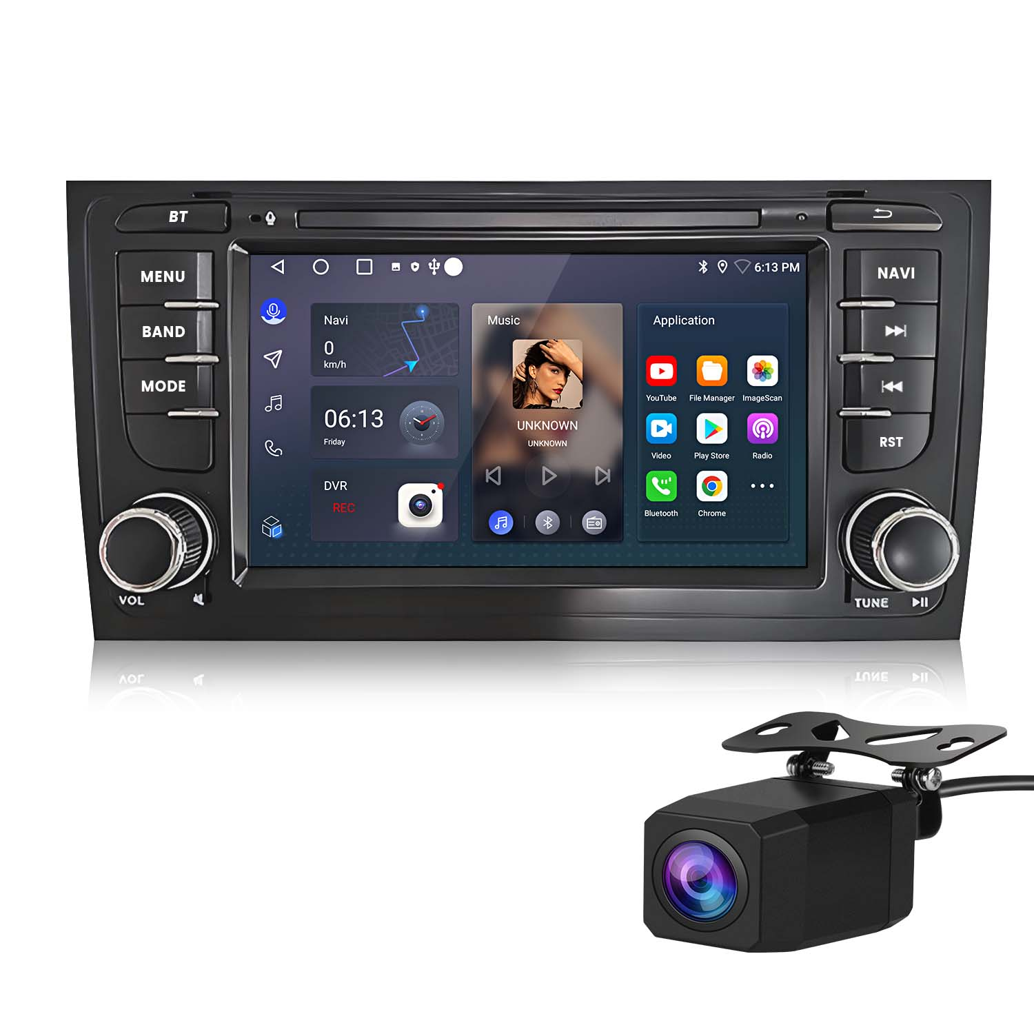 Autoradio mit Bildschirm, der Navigation und Mediensteuerung anzeigt. Eine Rückfahrkamera befindet sich darunter. Knöpfe und Regler sind an den Seiten.
