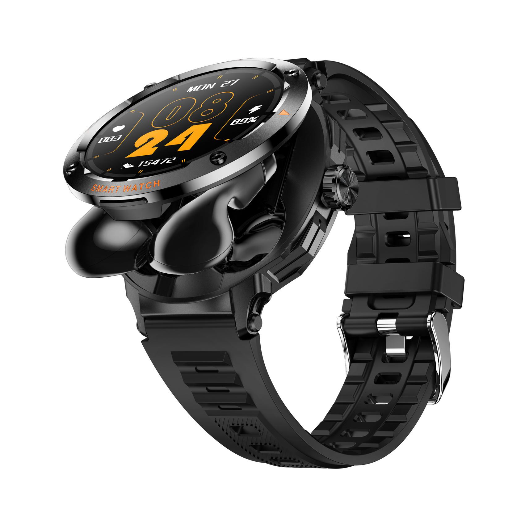 Schwarze Smartwatch mit orangefarbenem Display, das Zeit und Statistiken anzeigt. Enthält schwarze Ohrhörer, ein schwarzes Armband und eine Schnalle. Weißer Hintergrund.