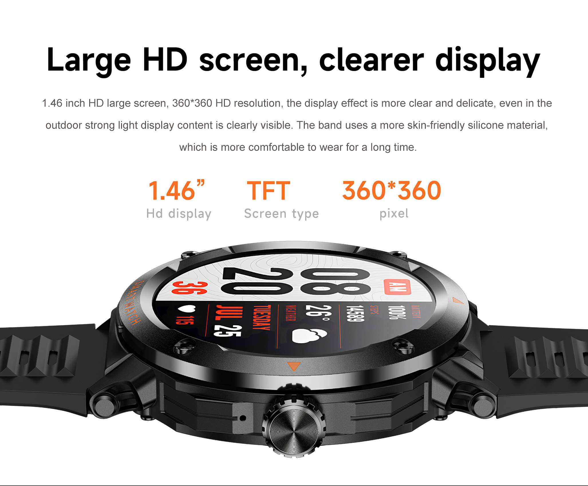 Eine schwarze Smartwatch mit digitaler Anzeige von Datum, Uhrzeit und Wetter. Text oben: Großer HD-Bildschirm, klarere Anzeige.