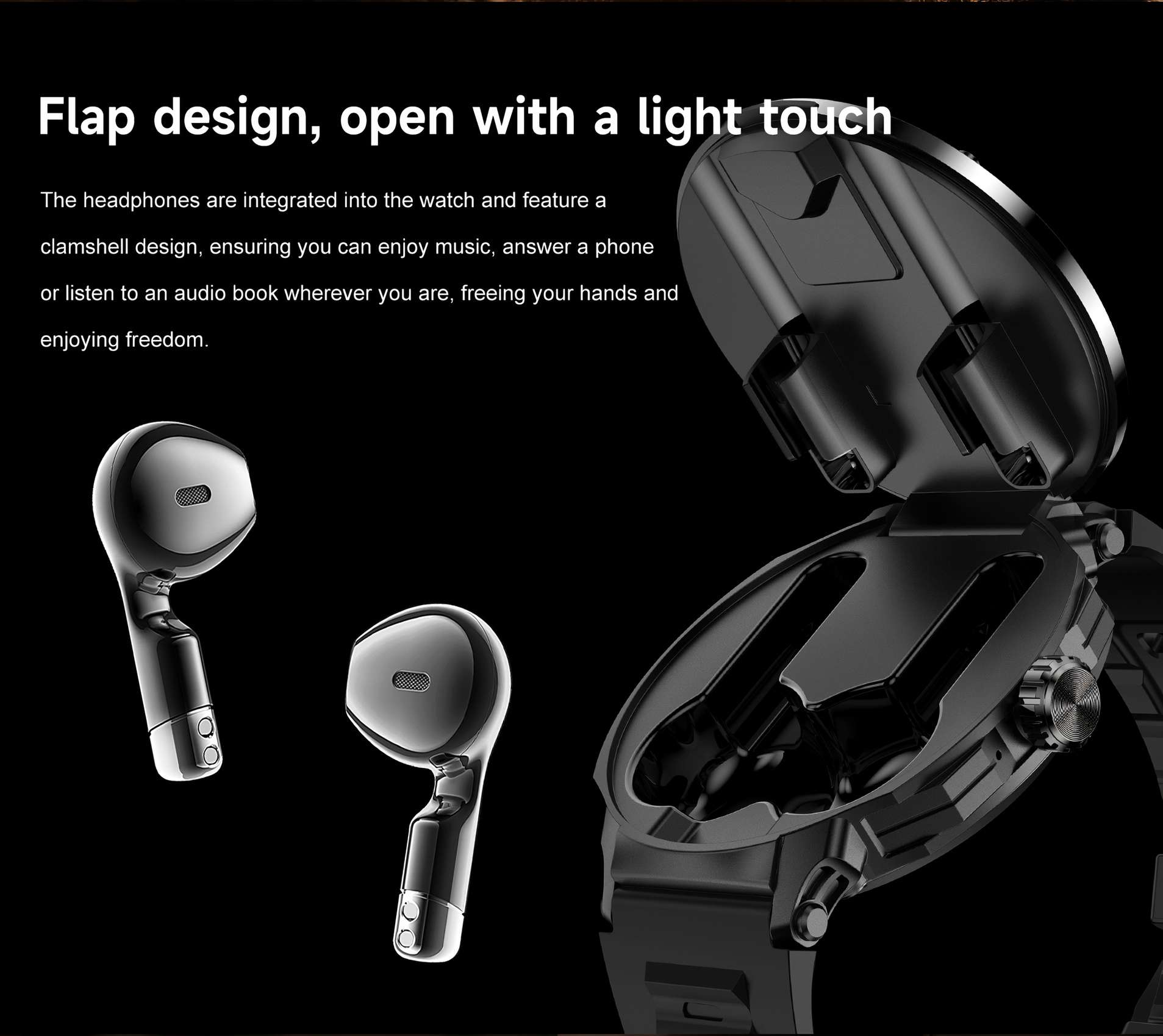 Schwarze Uhr mit offenem Fach. Zwei Ohrhörer sind links. Textüberlagerung: 'Klappdesign, offen mit leichtem Touch'.