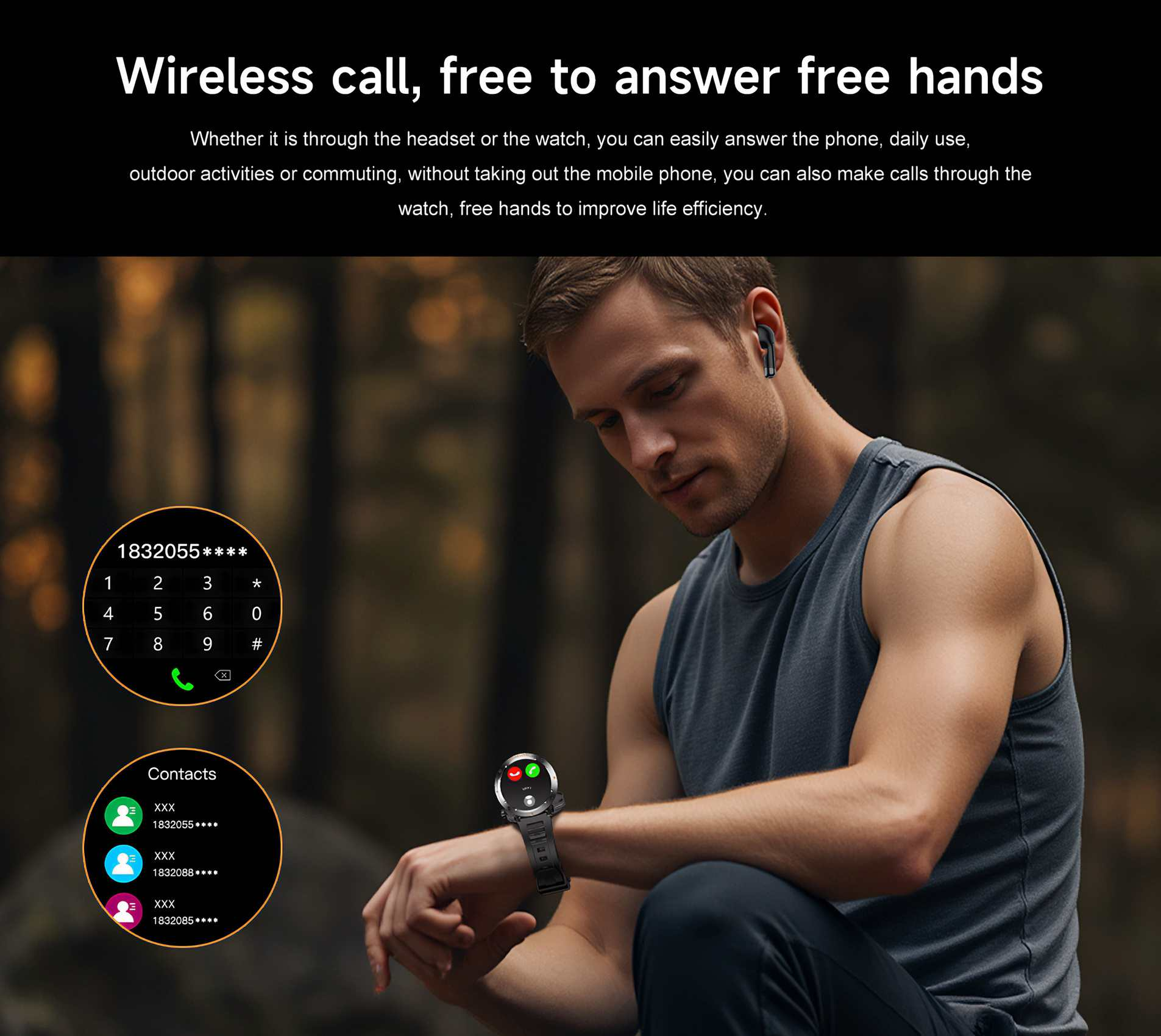 Ein Mann mit Smartwatch und Ohrhörern. Die Uhr zeigt eine Wähltastatur und Kontaktliste.