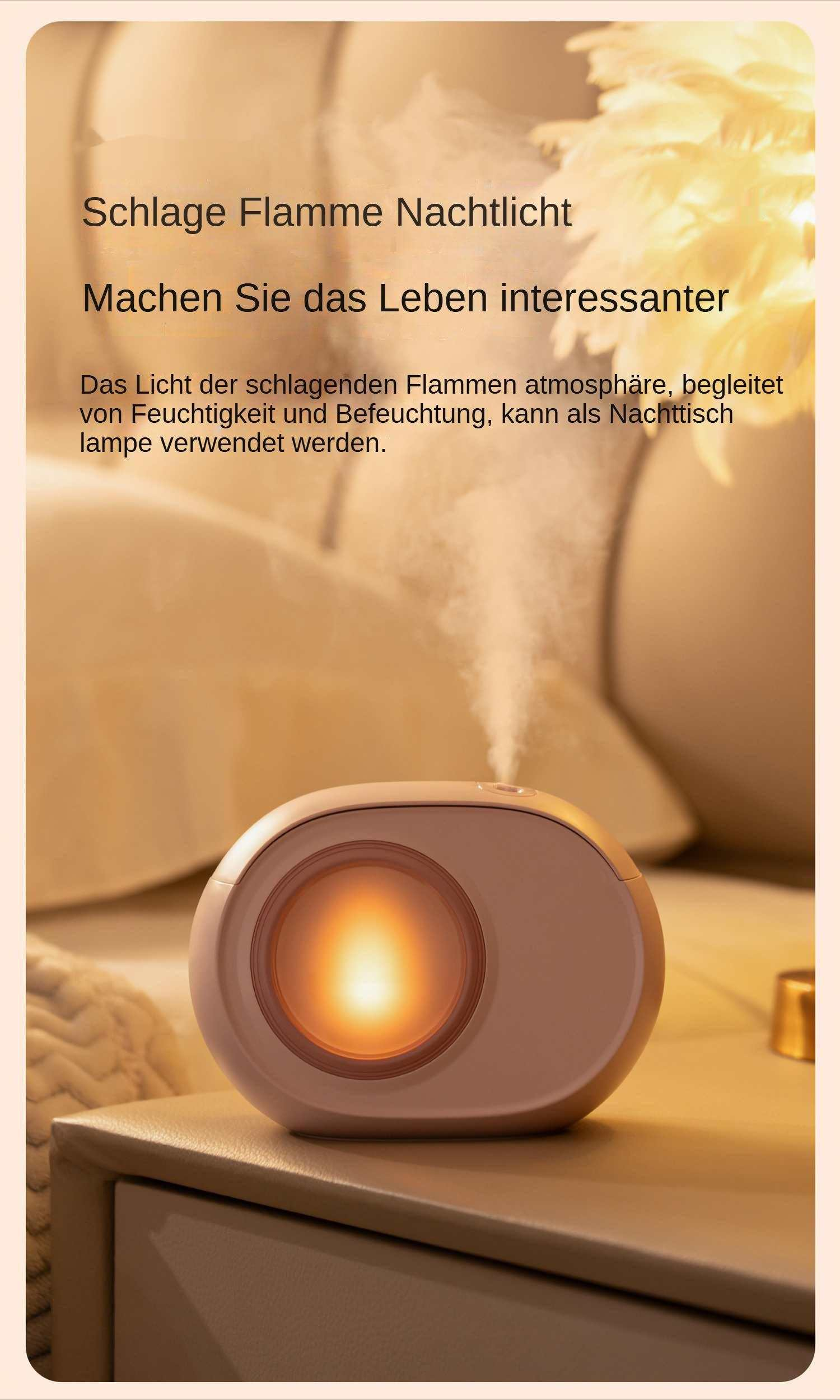 Ein Nachtlicht in Form einer Kapsel mit orangefarbenem Schein. Es steht auf einer Holzoberfläche. Text ist auf Deutsch.