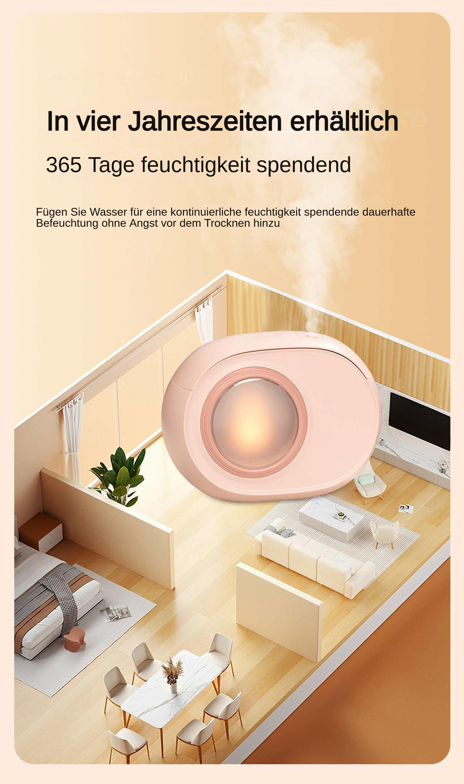 Eine Werbung zeigt einen rosa Luftbefeuchter in einem stilisierten Haus. Der Text besagt, dass er 365 Tage im Jahr befeuchtet.