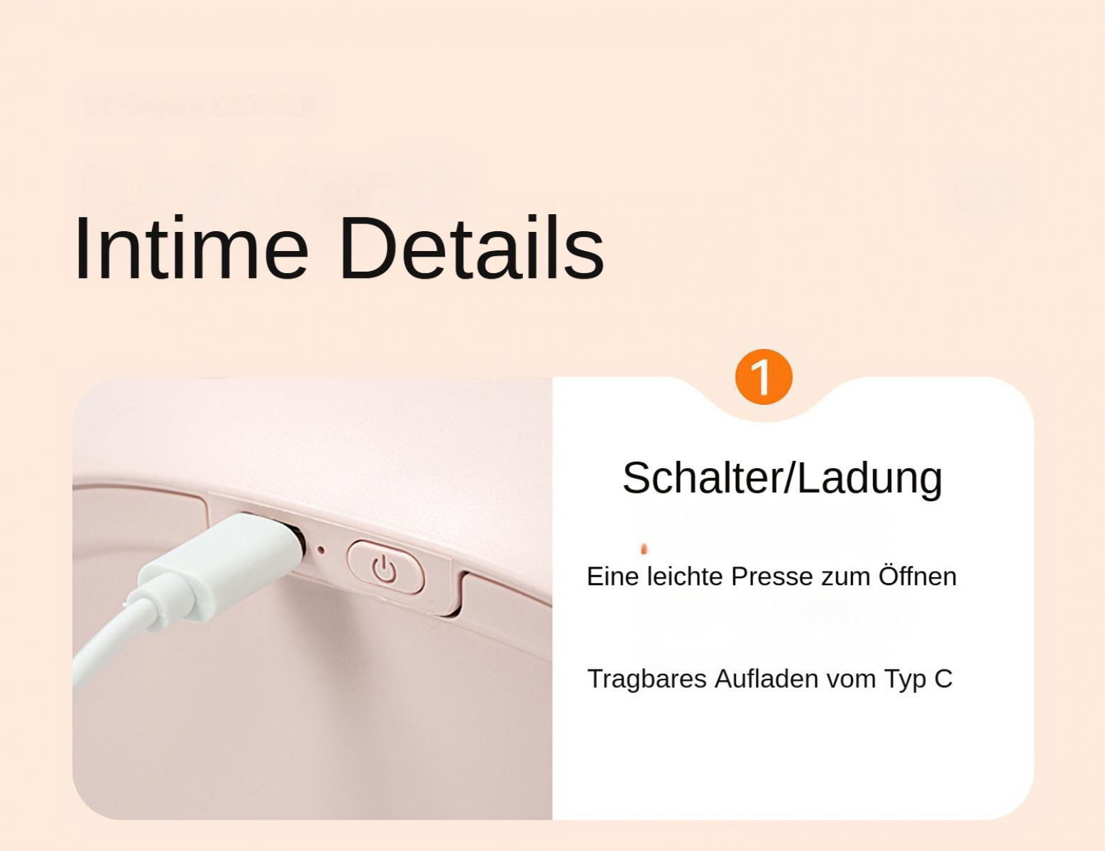 Das Bild zeigt ein rosa Gerät mit weißem Ladekabel, einem Einschaltknopf und Text auf Deutsch.