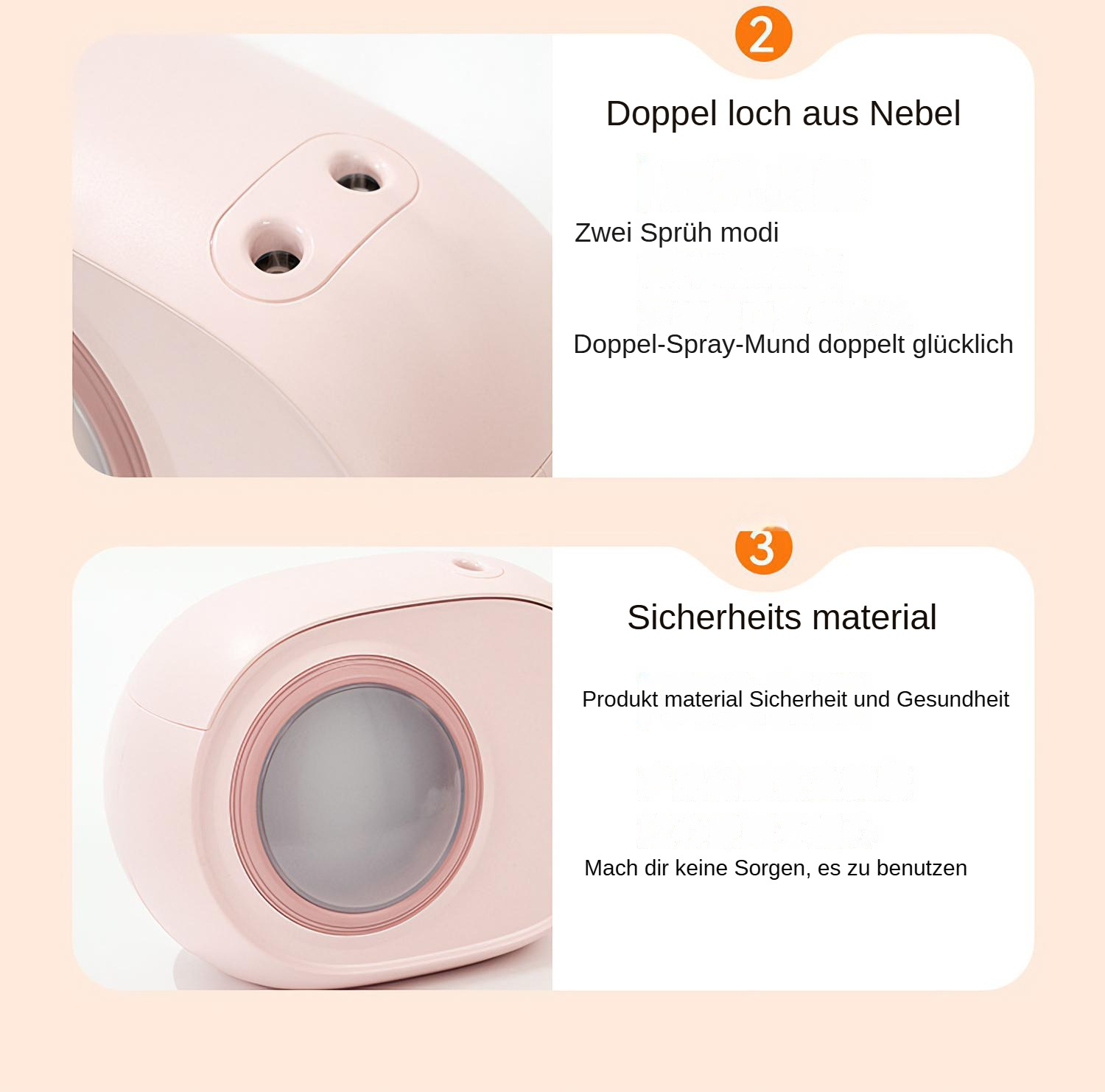 Rosa Gerät mit zwei Sprühöffnungen und einer runden Öffnung. Text auf Deutsch beschreibt Funktionen und Sicherheit.