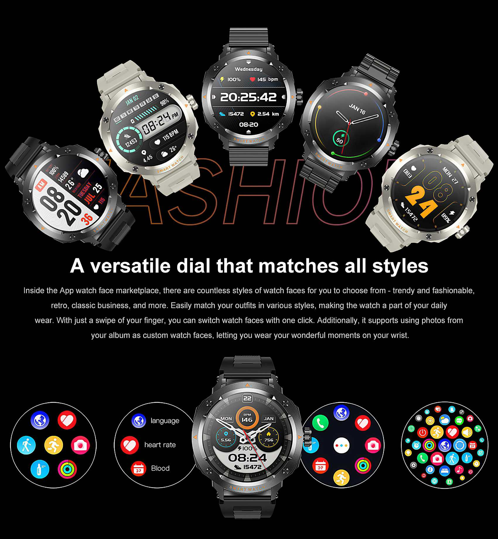 Smartwatches mit verschiedenen Zifferblättern, die Zeit, Datum und Gesundheitsmetriken anzeigen. Der Text lautet: 'Ein vielseitiges Zifferblatt, das zu allen Stilen passt'.