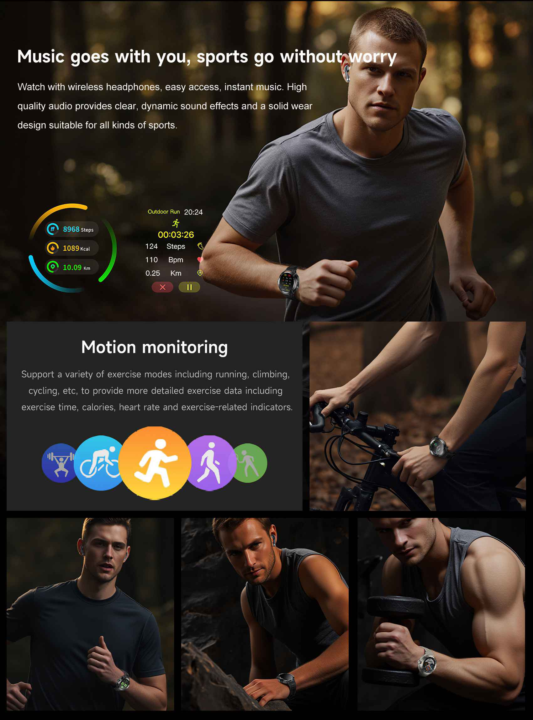 Mann läuft mit Ohrhörern, Smartwatch und Trainingsdaten-Overlay. Bietet Bewegungsüberwachung und verschiedene Trainingsmodi.