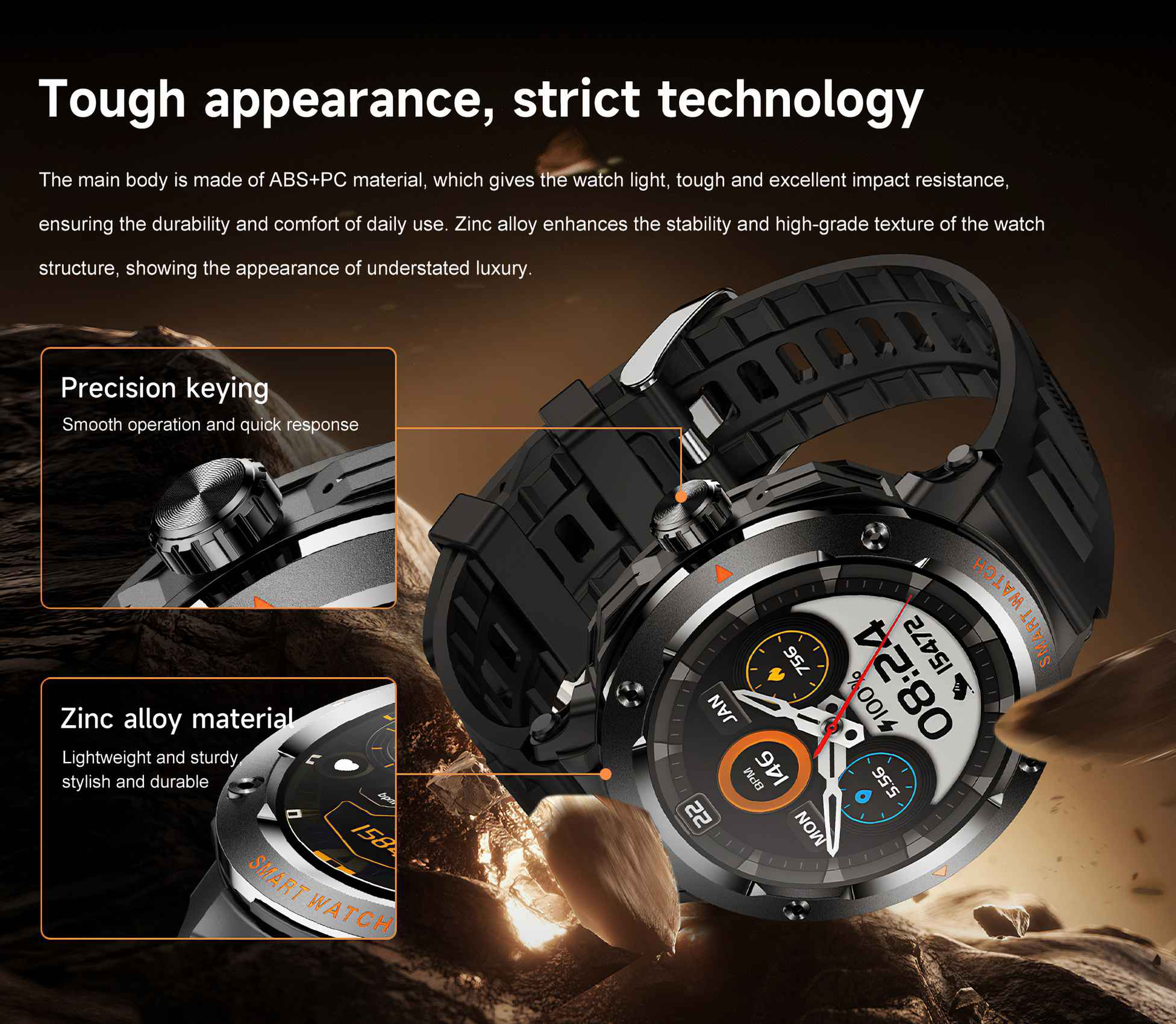 Eine schwarze Smartwatch mit rundem Zifferblatt, die die Uhrzeit anzeigt. Details zu Präzisionstasten und Zinklegierungsmaterialien sind gezeigt.