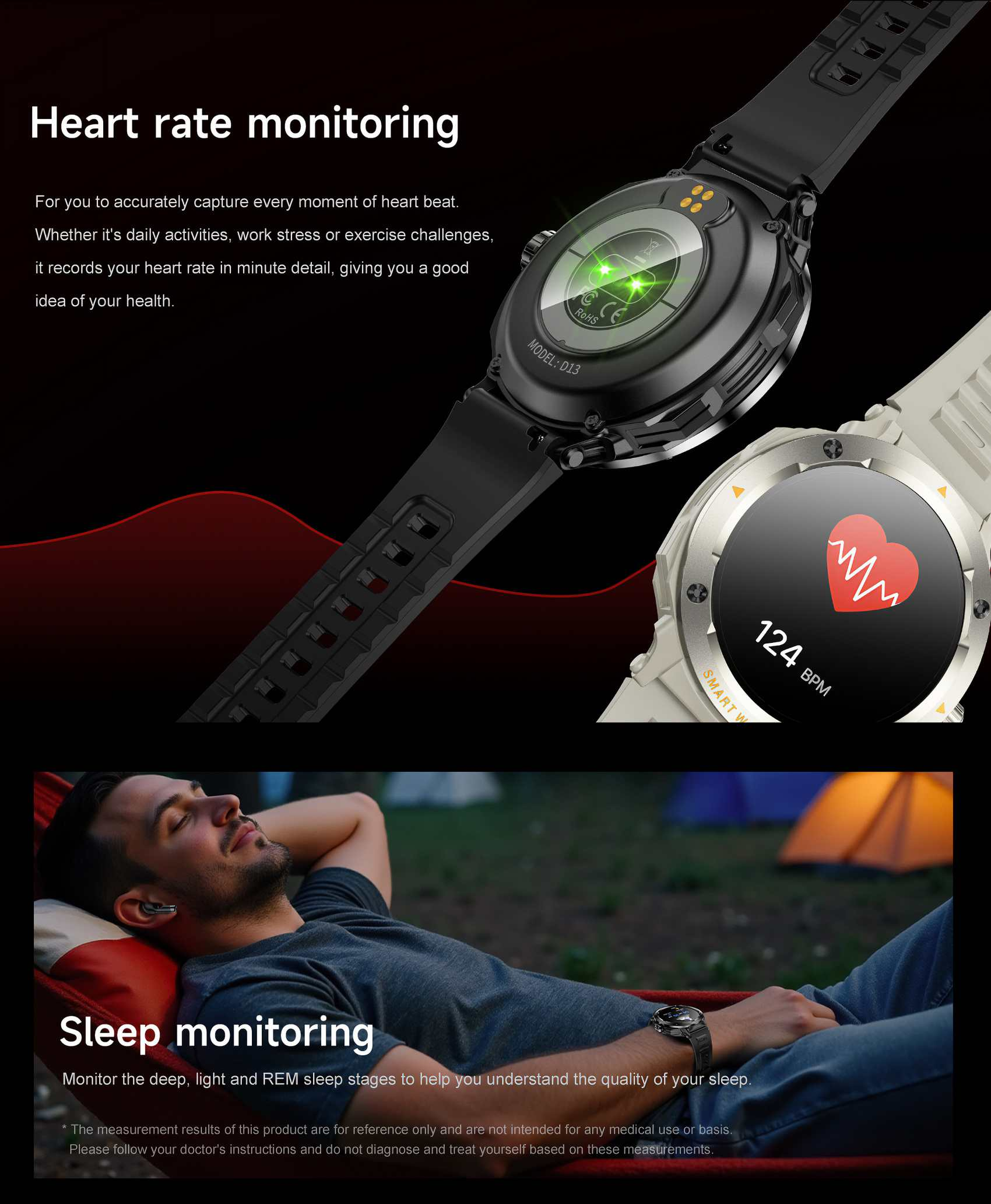 Smartwatches mit Herzfrequenz- und Schlafüberwachungsfunktionen. Ein Mann entspannt sich in einer Hängematte.