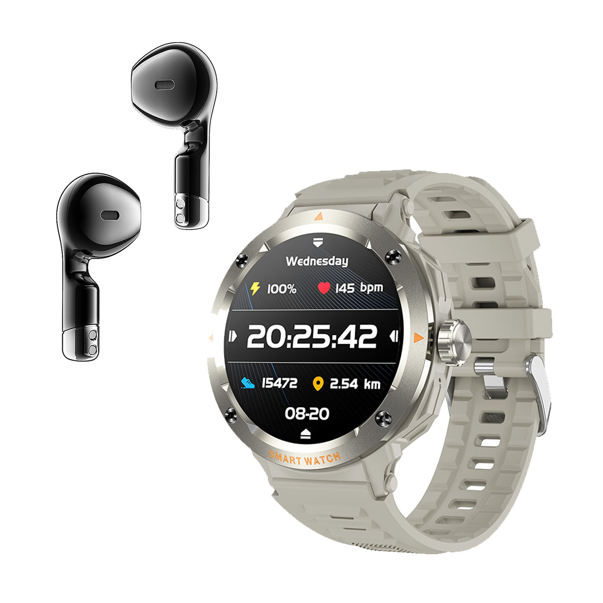 Eine Smartwatch mit cremefarbenem Armband und ein Paar schwarze kabellose Ohrhörer. Die Uhr zeigt Zeit, Schritte und Herzfrequenz an.