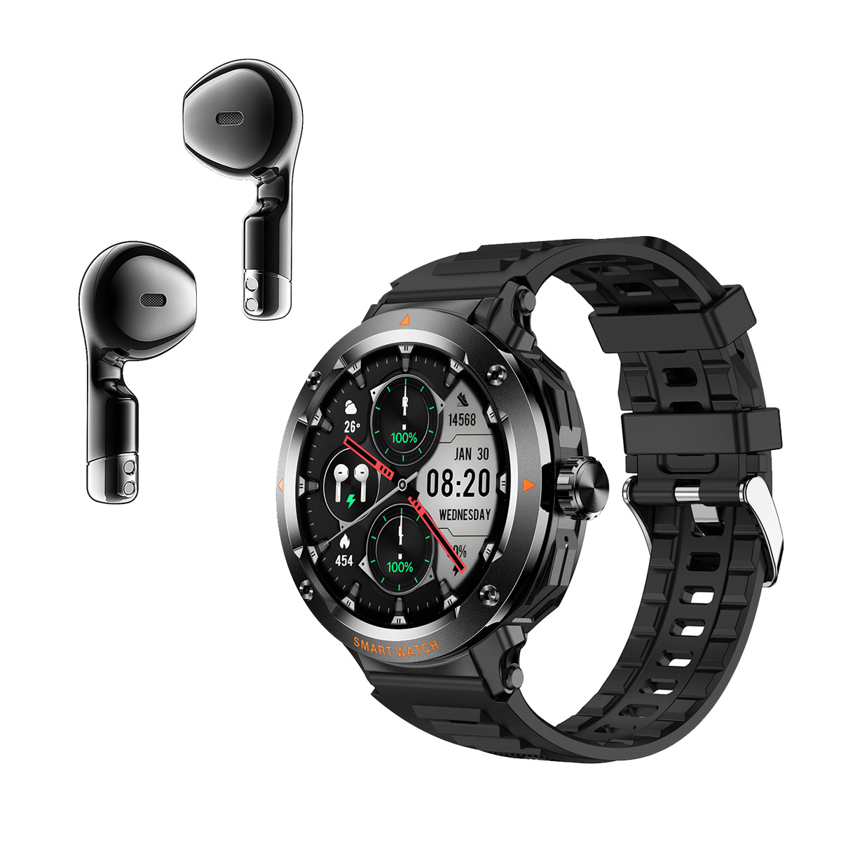Eine schwarze Smartwatch mit schwarzem Armband und zwei schwarze kabellose Ohrhörer werden auf weißem Hintergrund gezeigt.