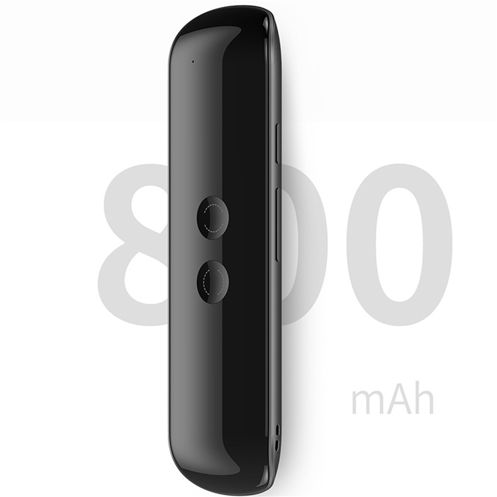 Ein schwarzes, schlankes Gerät mit zwei Knöpfen und einer Seitenwand, vor weißem Hintergrund mit '800 mAh'.