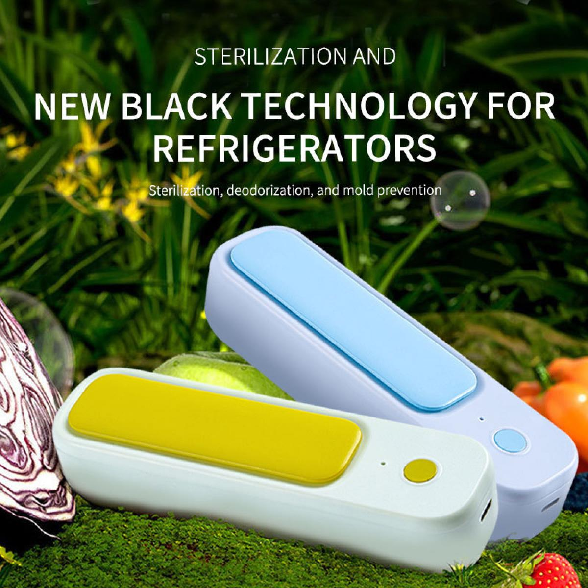 Zwei weiße Geräte mit farbigen Deckeln, blau und gelb, auf einer grünen, moosigen Oberfläche. Text: Sterilisation und neue Black Technology für Kühlschränke.