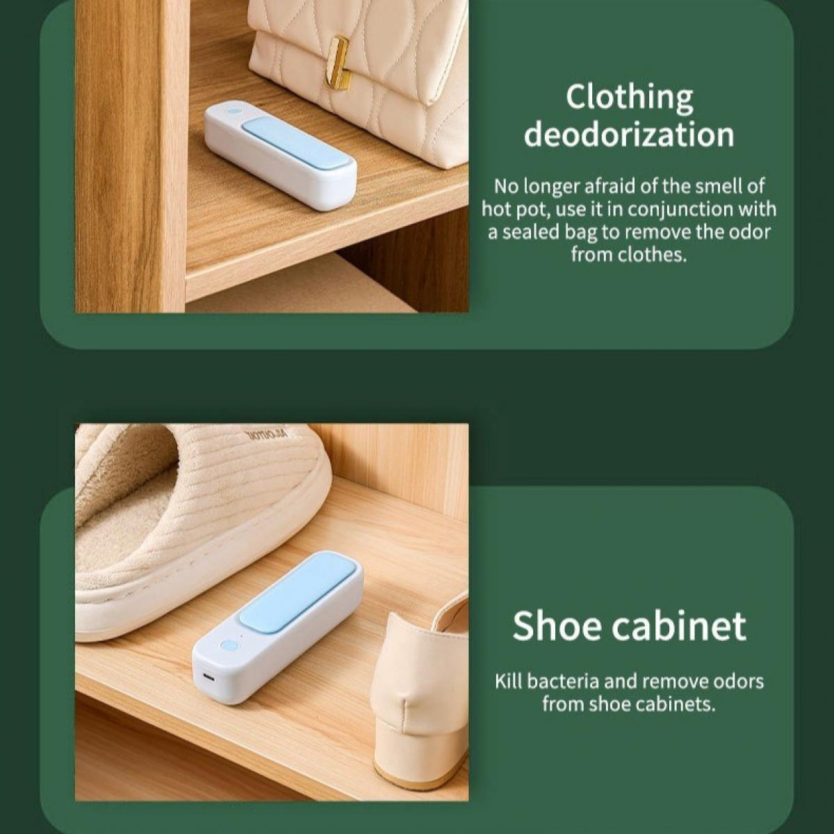 Das Bild zeigt ein Produkt zur Desodorierung von Kleidung und Schuhschränken, mit Gegenständen wie einer Handtasche und Schuhen.
