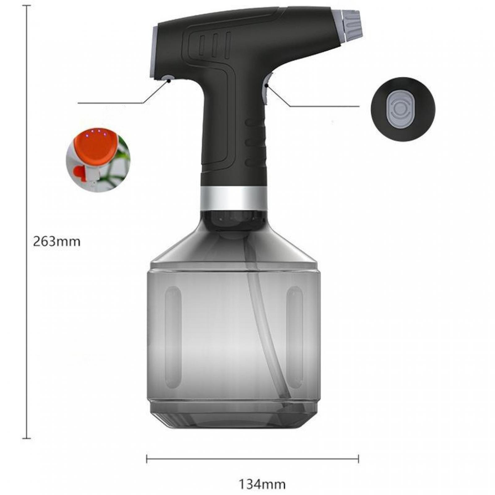 Eine schwarz-graue Sprühflasche mit einem transparenten Wasserbehälter. Abmessungen: 263 mm Höhe, 134 mm Breite.