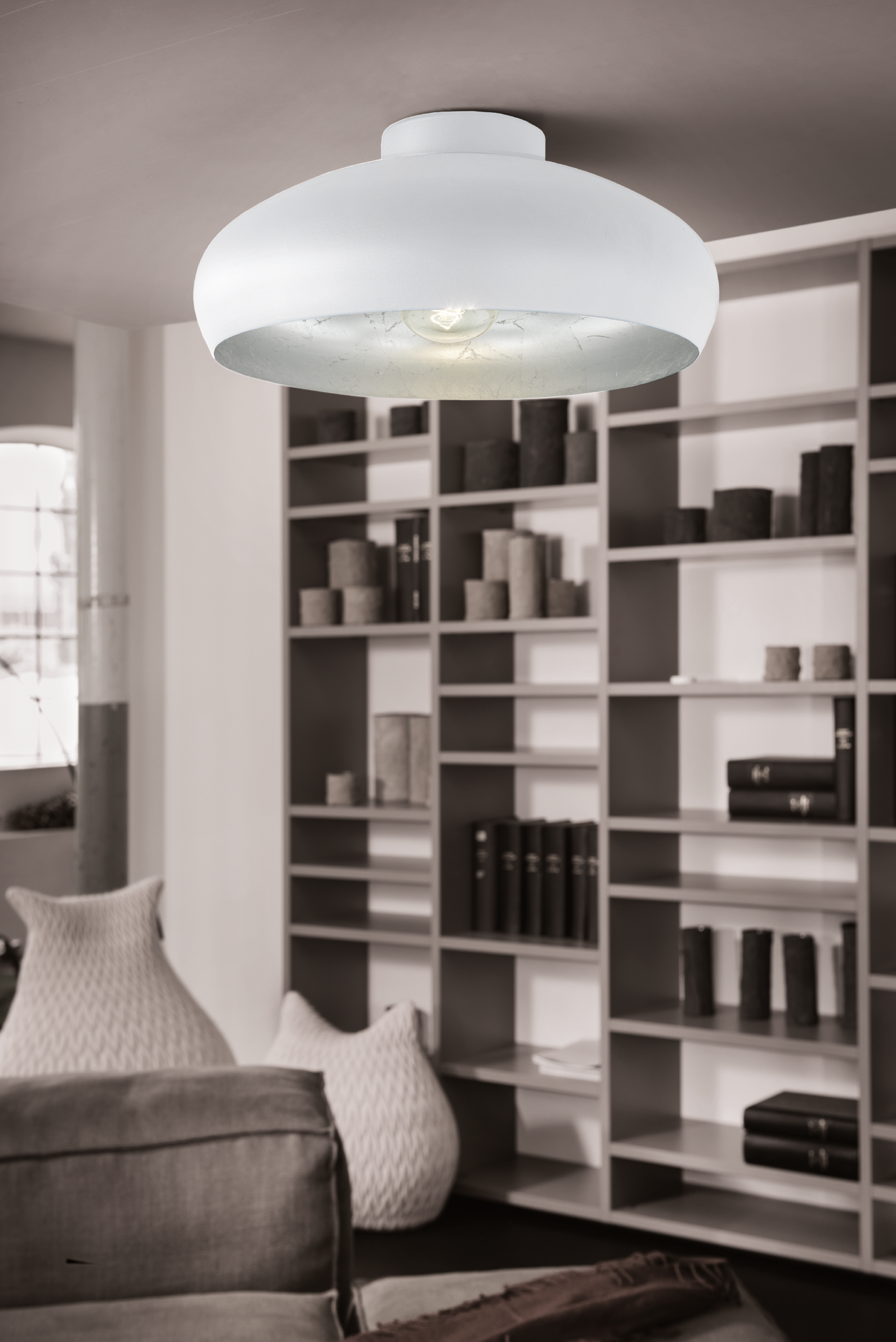 Eine weiße Deckenlampe beleuchtet einen Raum mit Bücherregal und Sitzgelegenheiten. Bücherregale sind im Hintergrund, Sofa und Kissen im Vordergrund.