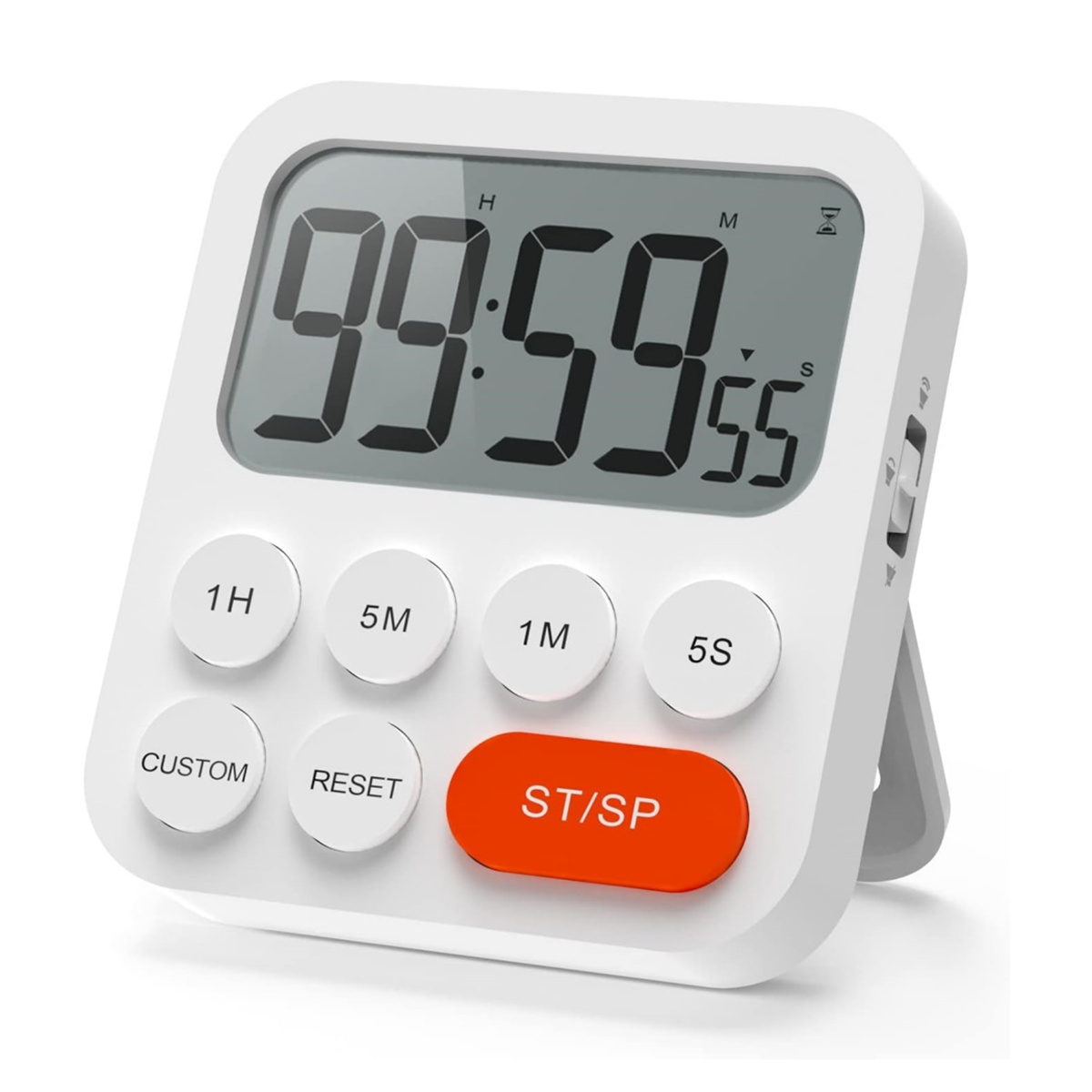 Ein weißer digitaler Küchentimer zeigt 99:59:55 an. Er hat Tasten für Stunden, Minuten und Sekunden sowie eine Start/Stopp-Taste.