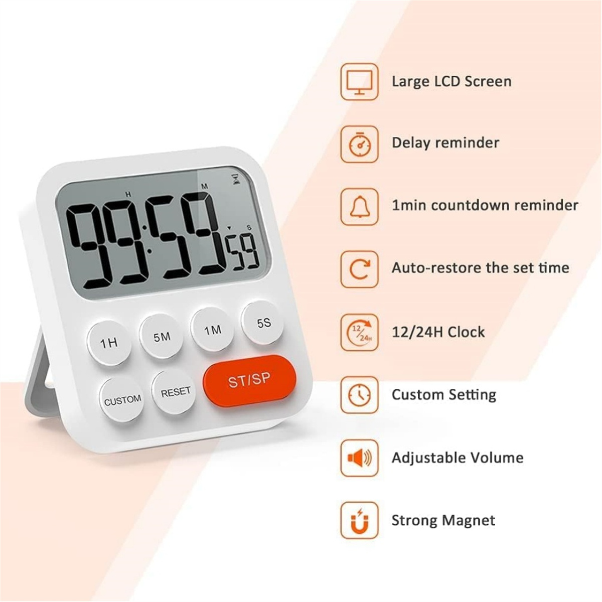 Ein weißer digitaler Küchentimer zeigt 99:59:59 an. Er hat Tasten für 1H, 5M, 1M, 5S, benutzerdefiniert, zurücksetzen und Start/Stopp.