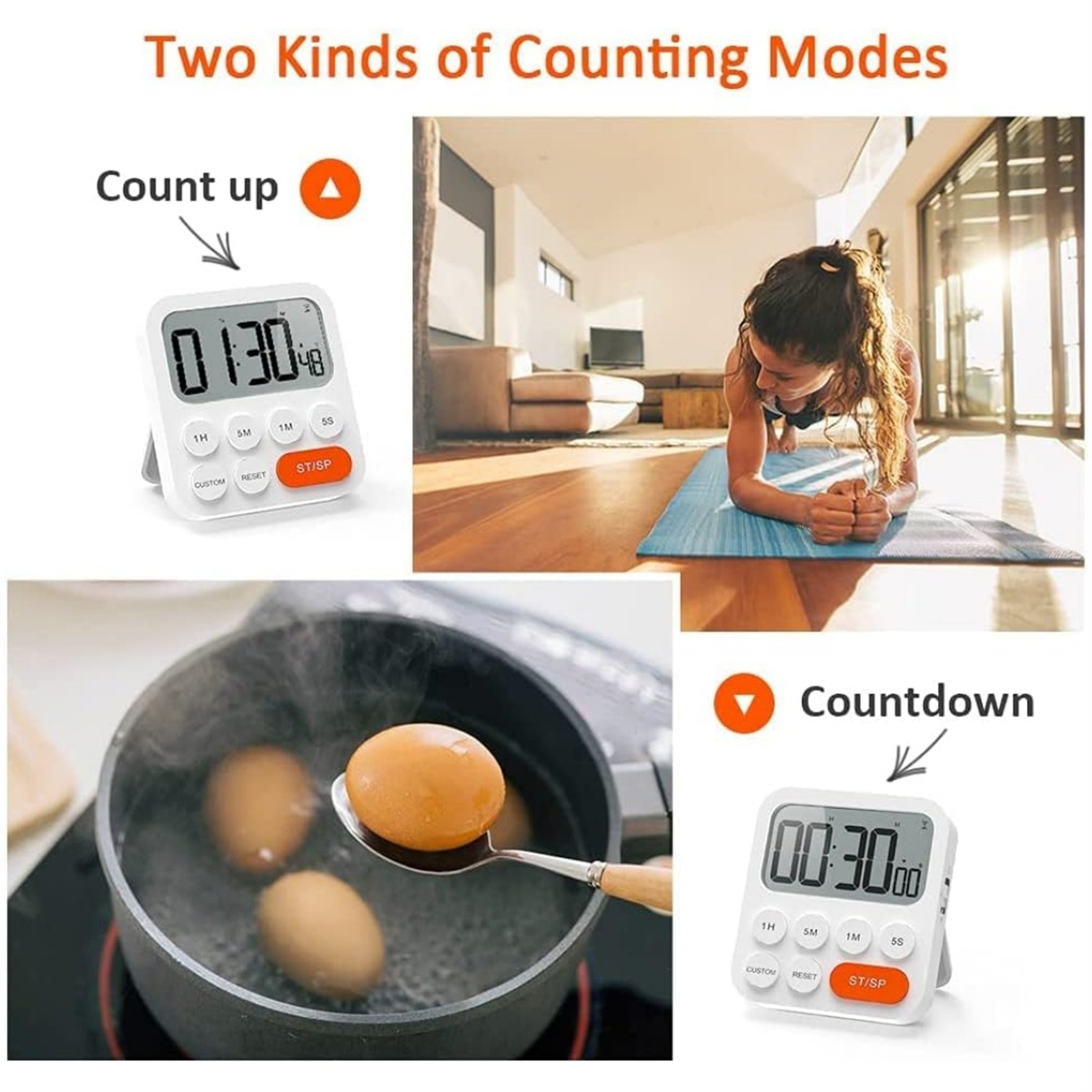 Das Bild zeigt zwei Zählmodi: Aufwärtszählen (Timer) und Countdown (Timer). Zeigt auch eine Frau beim Plank und Eier, die in Wasser kochen.