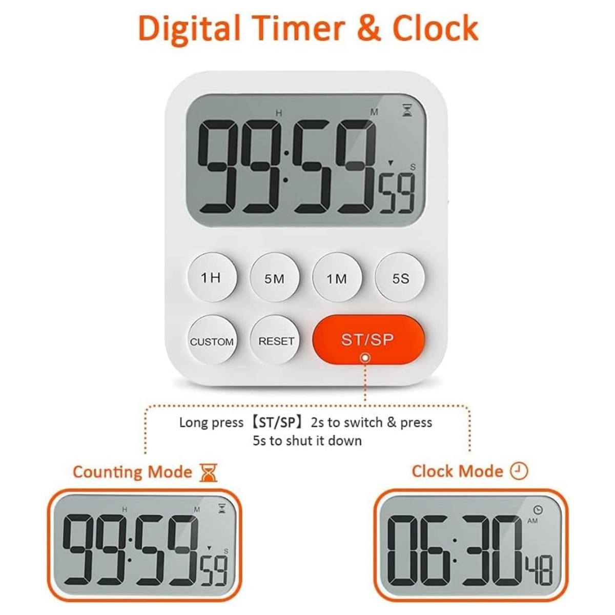 Weißer Digitaltimer mit Knöpfen und Anzeige, die Zeit anzeigt. Zeigt Uhr- und Countdown-Modi an. Orange Start/Stopp-Taste.
