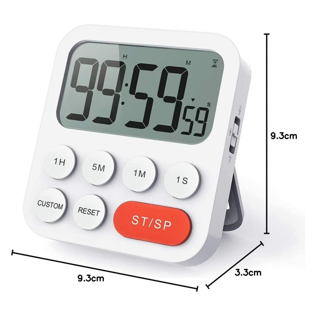 Ein weißer digitaler Küchentimer mit großem Display, das 99:59:59 anzeigt. Tasten für Zeiteinstellungen und Start/Stopp sind sichtbar.