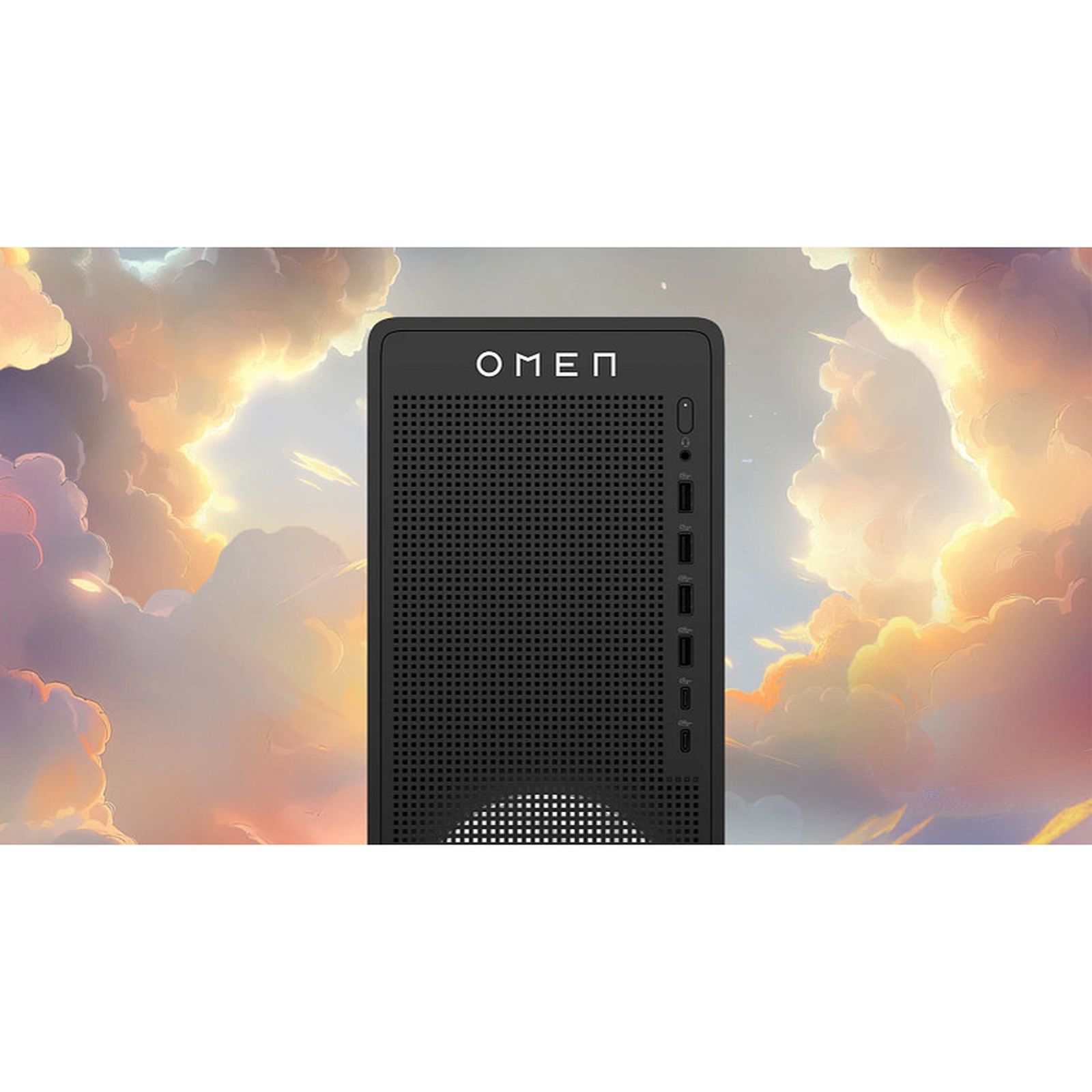 Czarny komputer do gier OMEN na tle zachmurzonego nieba. PC ma perforowany przód i logo OMEN.