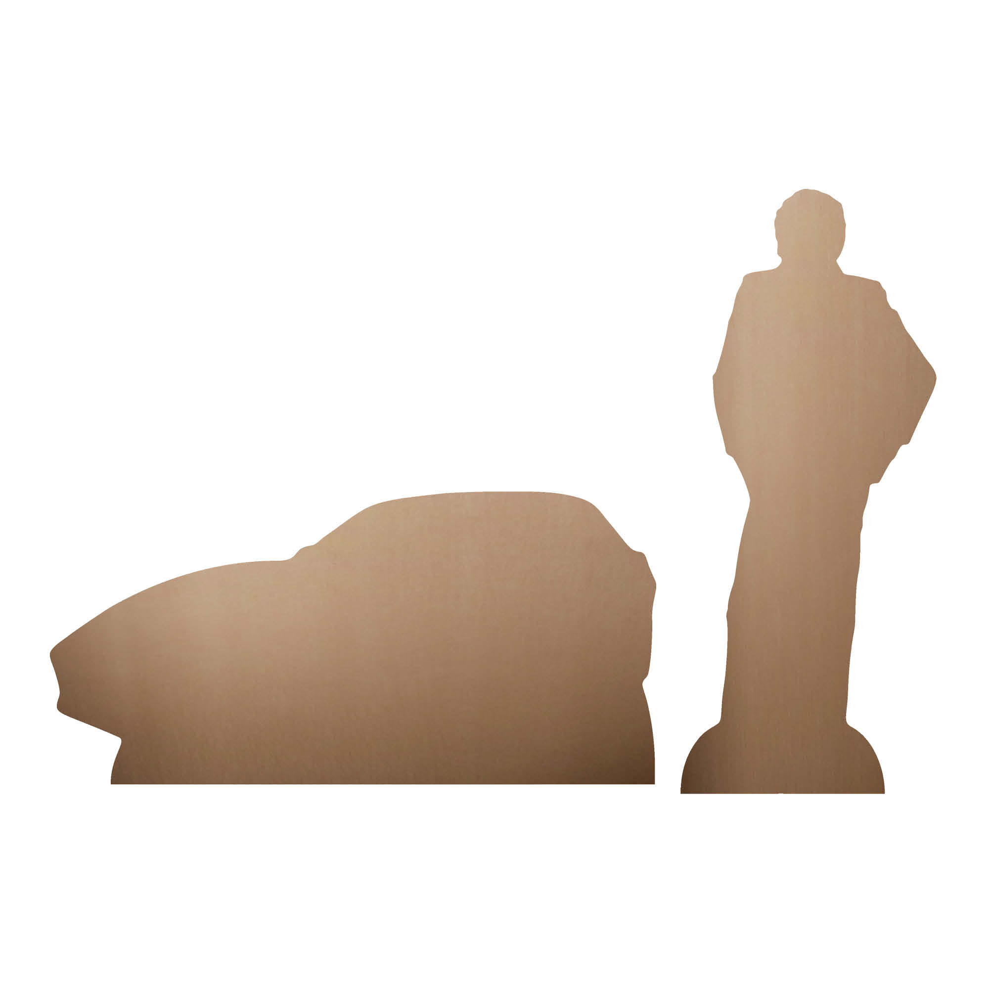 Silhouette eines Autos und einer Person. Beide braun auf weißem Hintergrund.