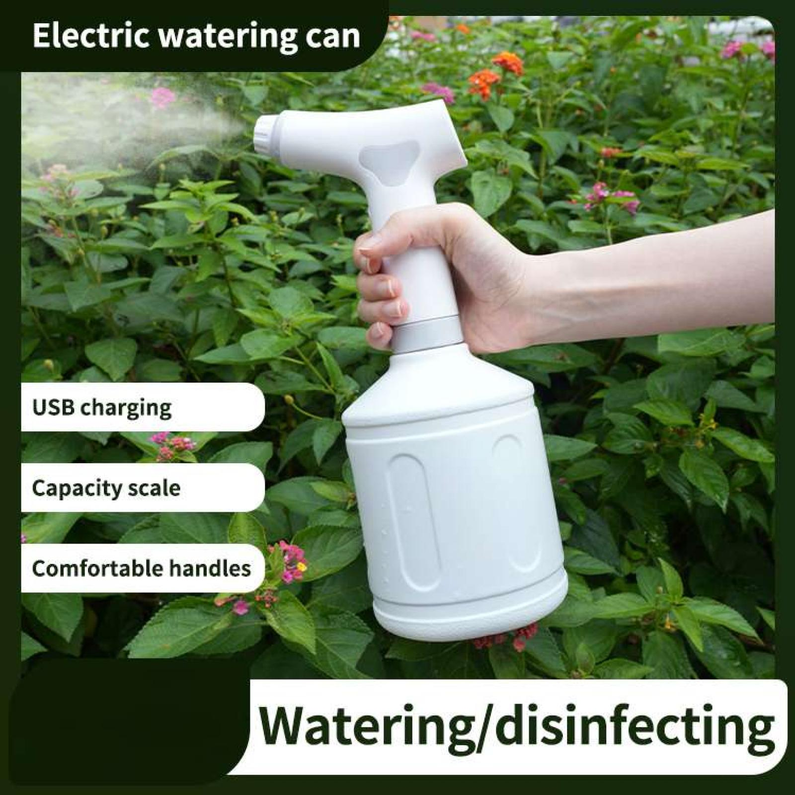 Eine weiße elektrische Gießkanne wird von einer Hand gehalten. Sie sprüht Wasser über grüne Pflanzen. Text: 'Bewässerung/Desinfektion'.