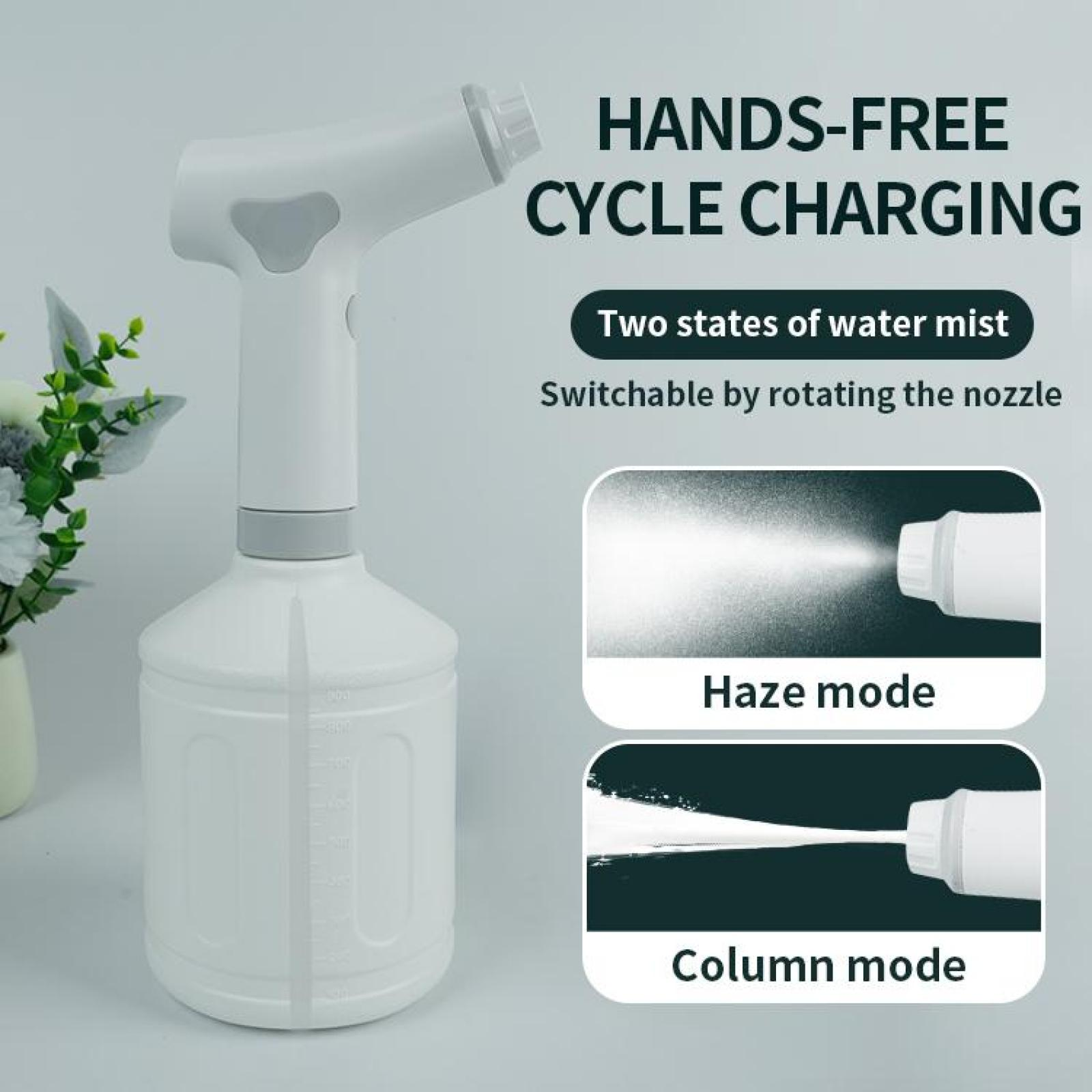 Weißer, freihändiger Sprüher mit zwei Nebelmodi. Text: 'HANDS-FREE CYCLE CHARGING' und 'Two states of water mist'.