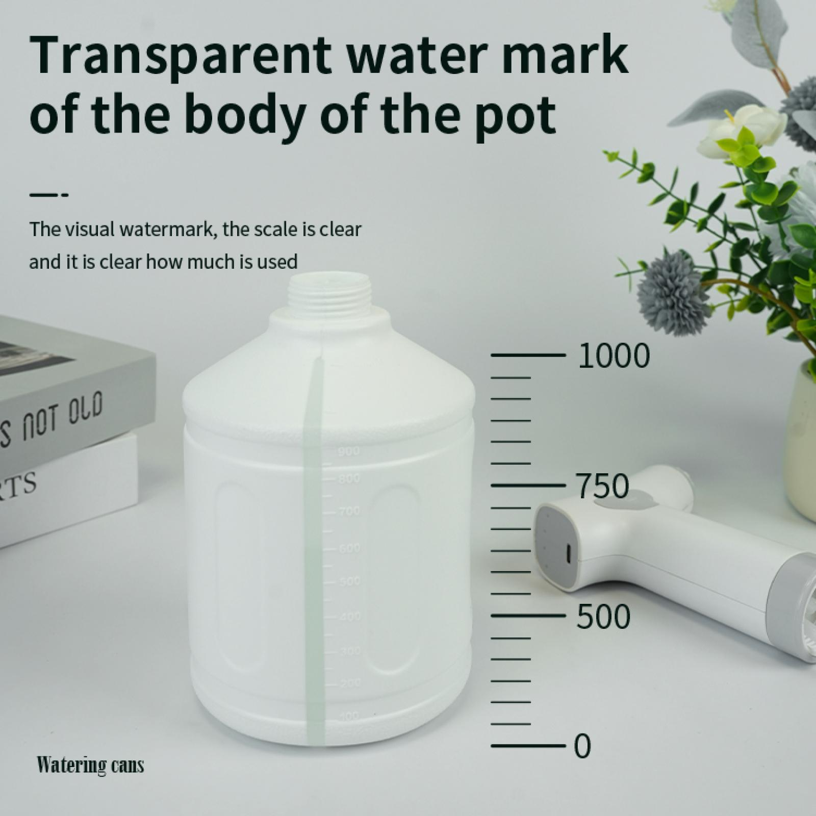 Eine weiße Gießkanne mit Skala. Daneben eine Gießpistole. Text: Transparente Wasserzeichen.