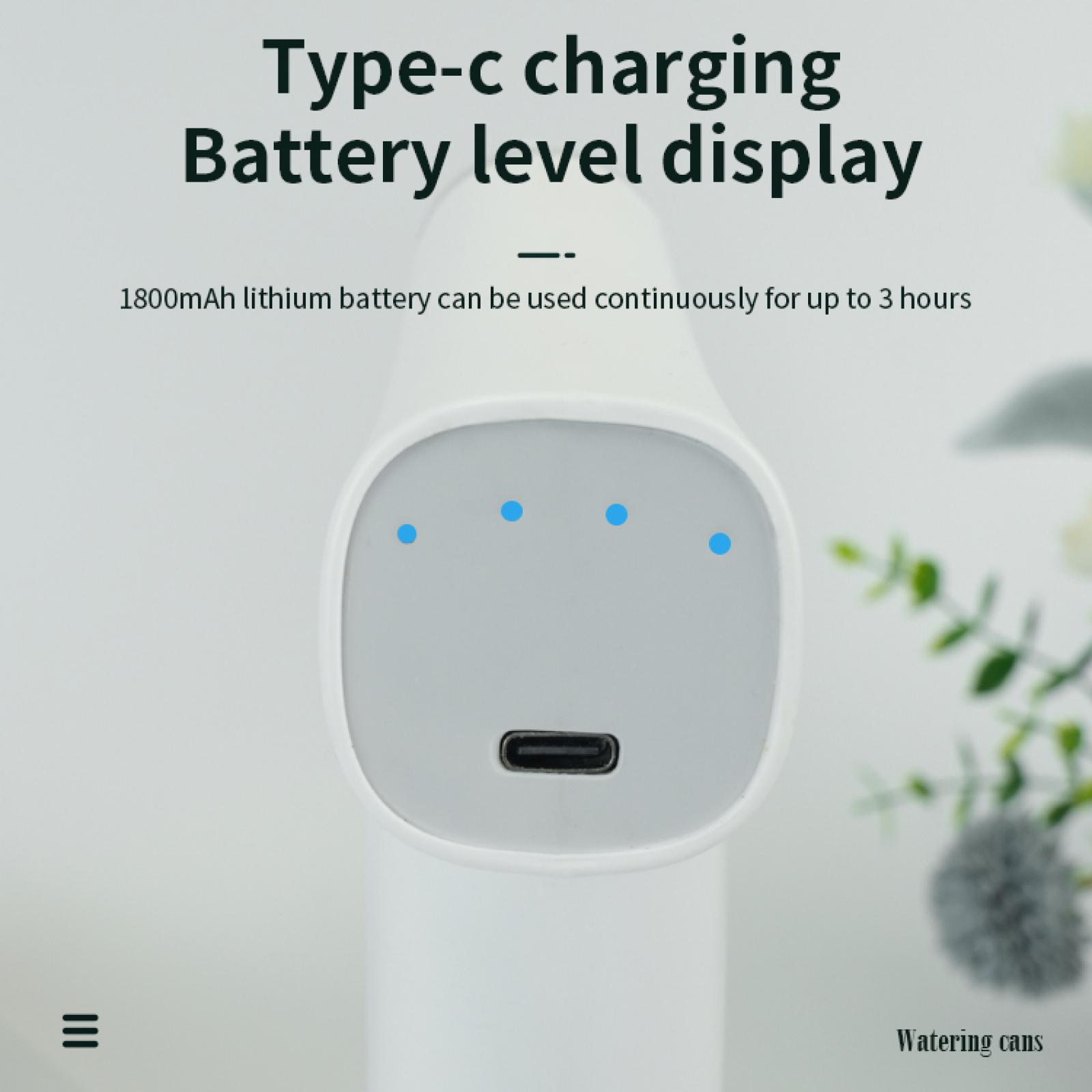 Weißes Gerät mit Batteriestandsanzeige. Text: Typ-C-Laden, Batteriestandsanzeige. 1800mAh Akku für 3 Stunden.