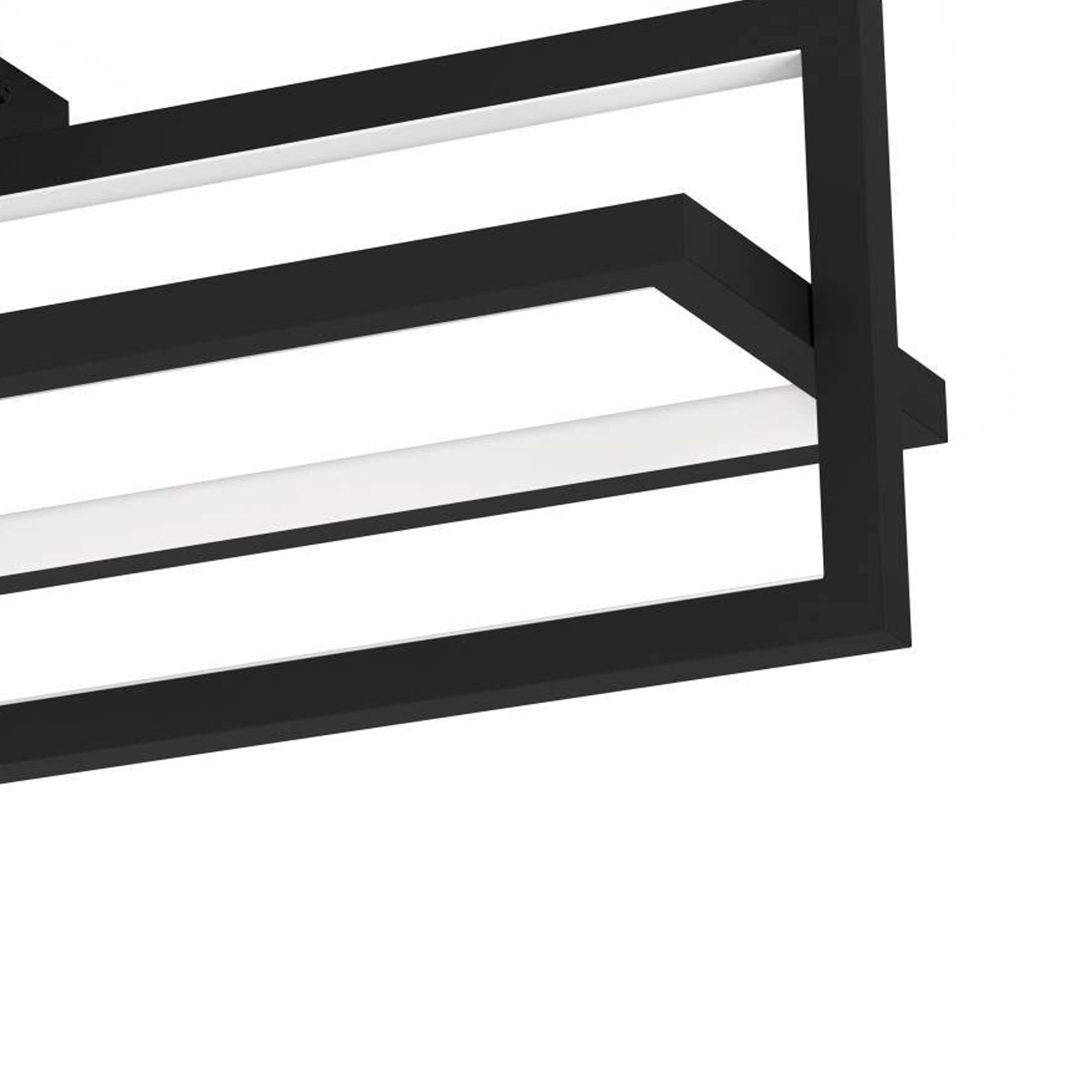 Nahaufnahme einer schwarzen, geometrischen Leuchte vor weißem Hintergrund. Es hat rechteckige Rahmen mit weißen Lichtpaneelen.