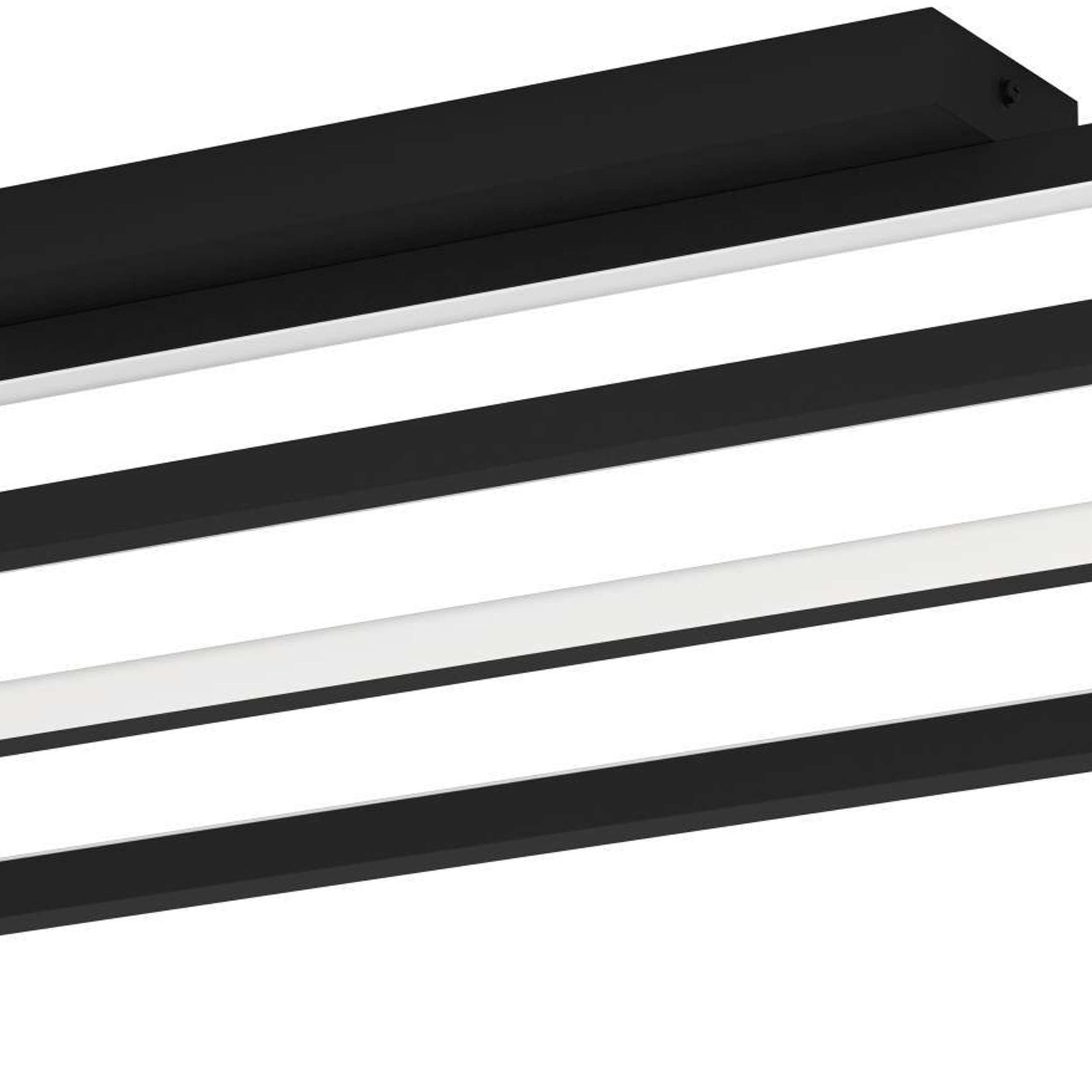 Eine schwarze Deckenleuchte mit weißen Lichtpaneelen. Es hat drei schwarze und weiße rechteckige Lichter.