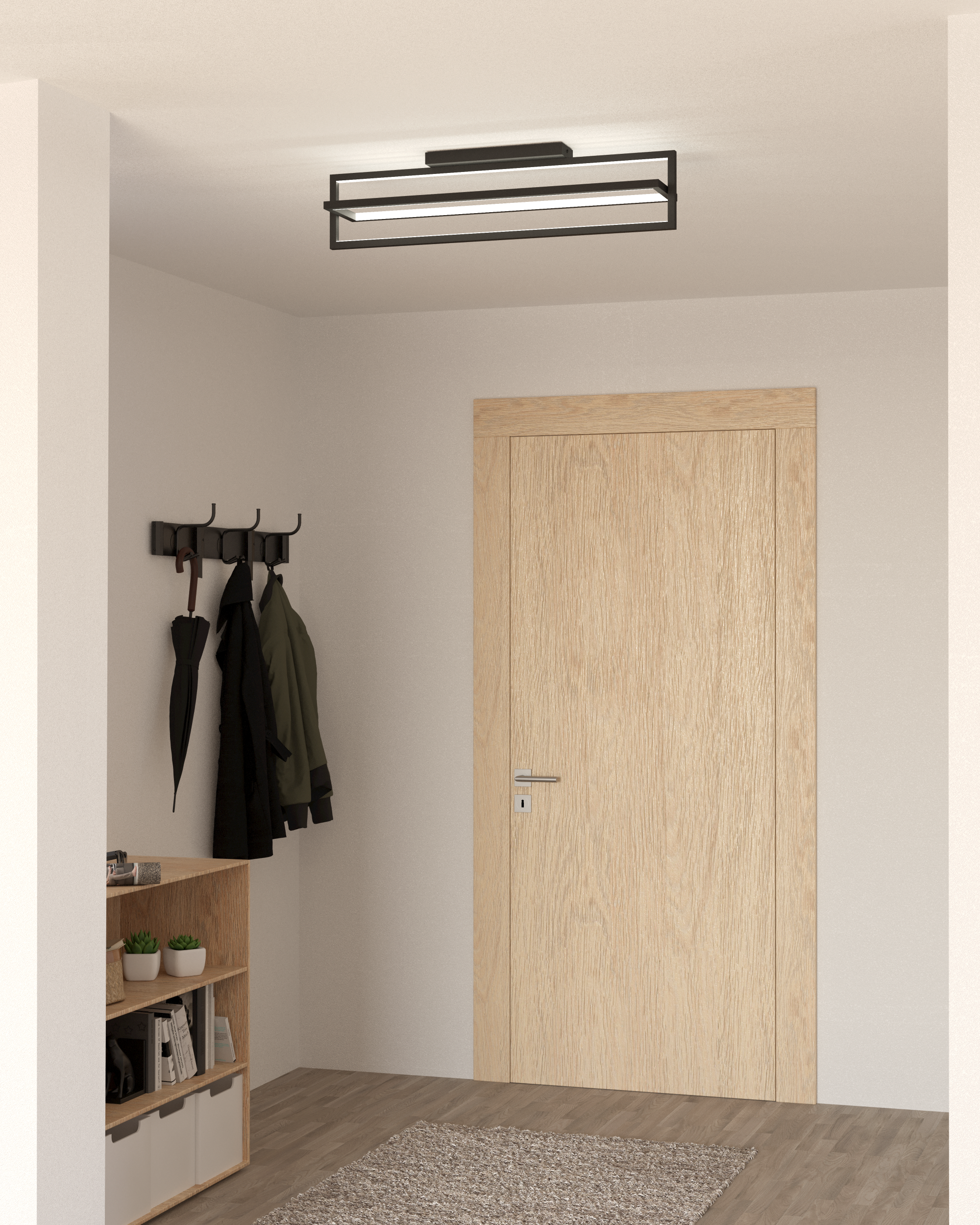 Flur mit Holztür, Garderobe und Regal. Eine schwarze Deckenleuchte hängt von der Decke.