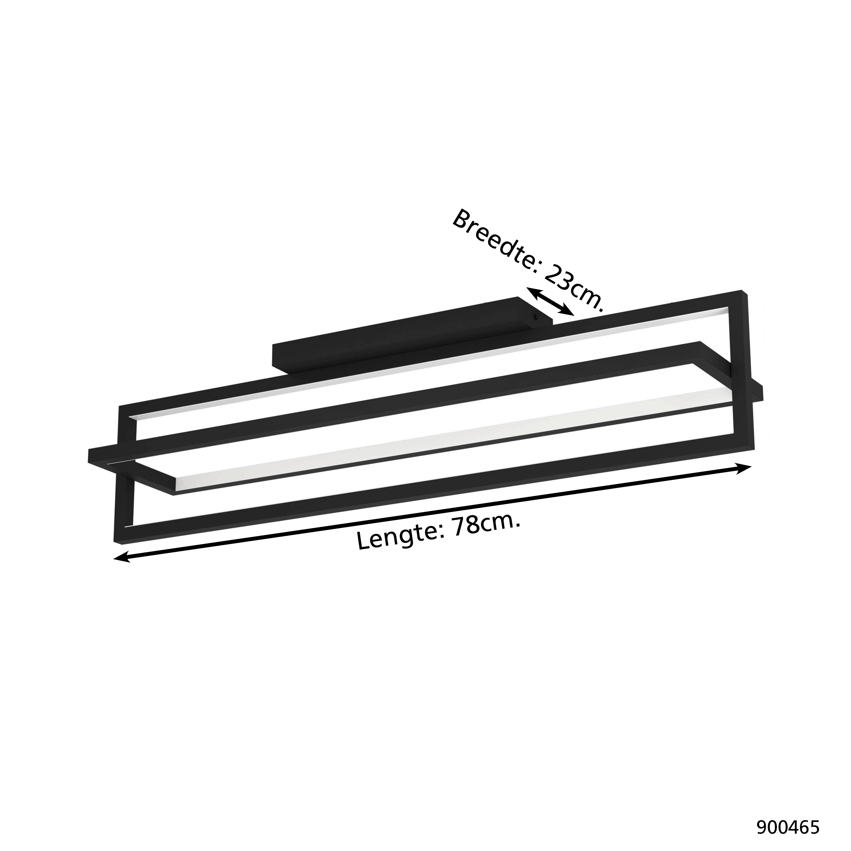 Eine schwarze rechteckige LED-Lampe. Das Bild enthält auch Maße mit einer Breite von 23 cm und einer Länge von 78 cm.