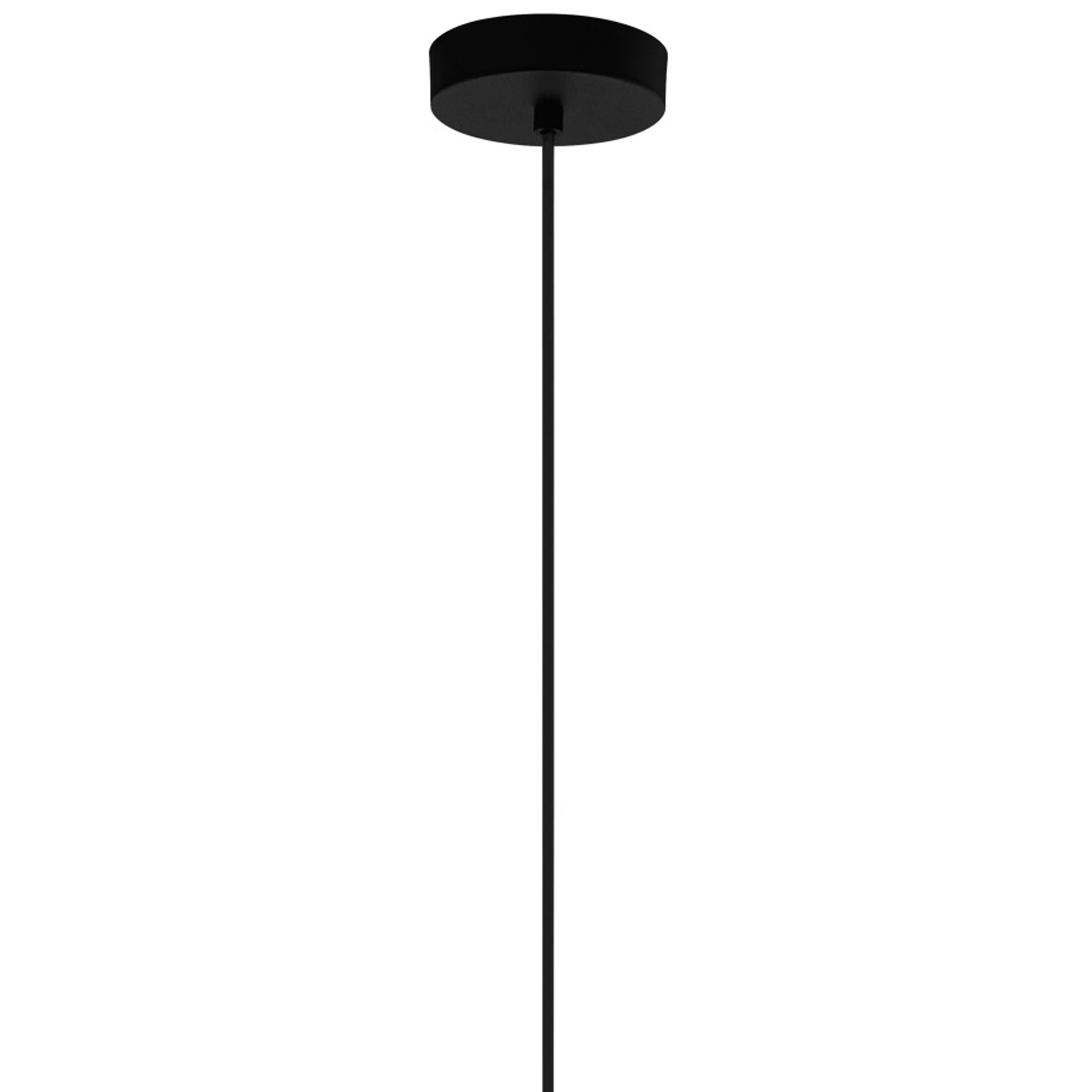 Eine schwarze Deckenleuchte mit kreisförmigem Sockel und einem langen, dünnen Draht, der herunterhängt. Weißer Hintergrund.