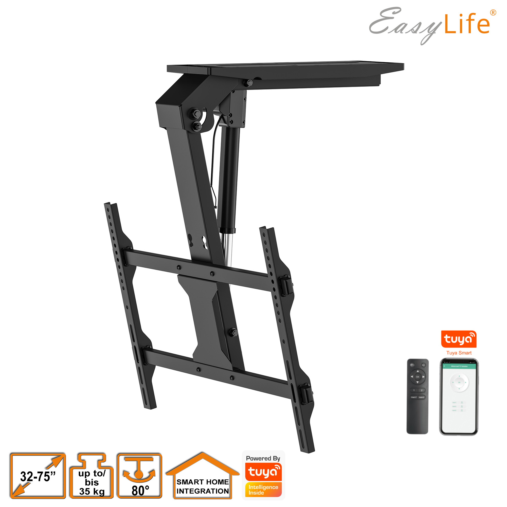 Schwarze TV-Halterung mit Fernbedienung und Telefonanzeige. Enthält Spezifikationen und das Easy Life-Logo.