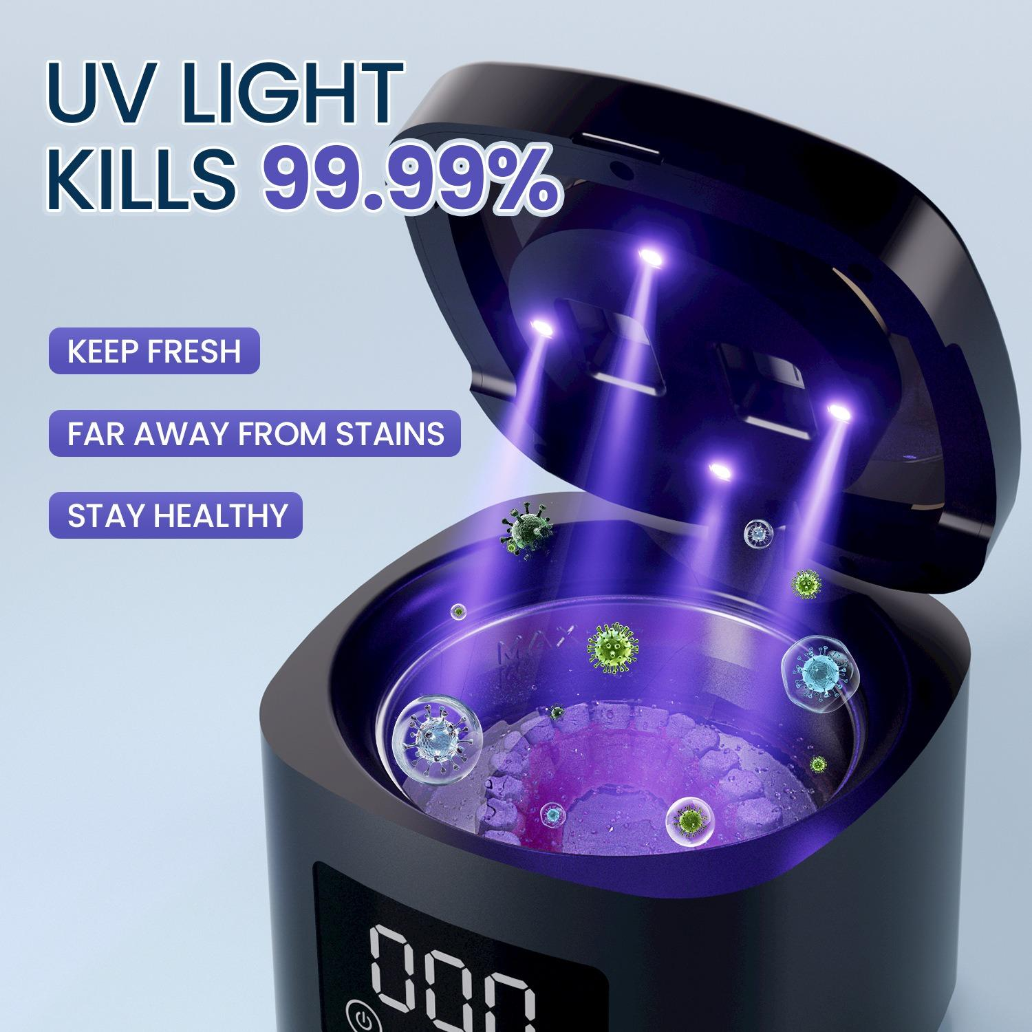 Ein UV-Licht-Desinfektionsmittel. Zeigt ein schwarzes Gerät mit violettem Licht. Text lautet 'UV-Licht tötet 99,99%'. Grafiken von Viren sind vorhanden.