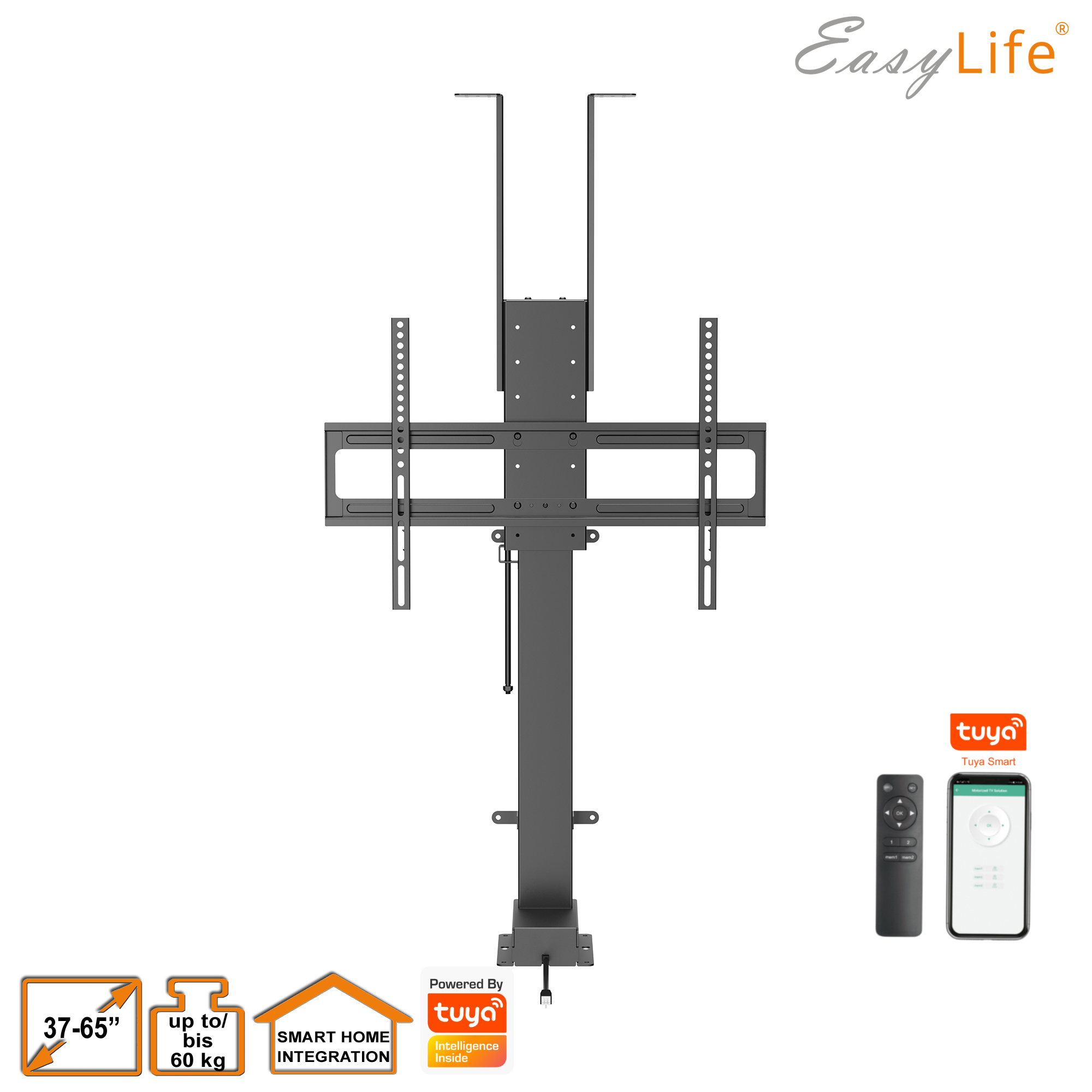 Ein schwarzer TV-Lift mit Fernbedienung und Telefonanzeige. Er unterstützt Fernseher von 37 bis 65 Zoll und bis zu 60 kg.