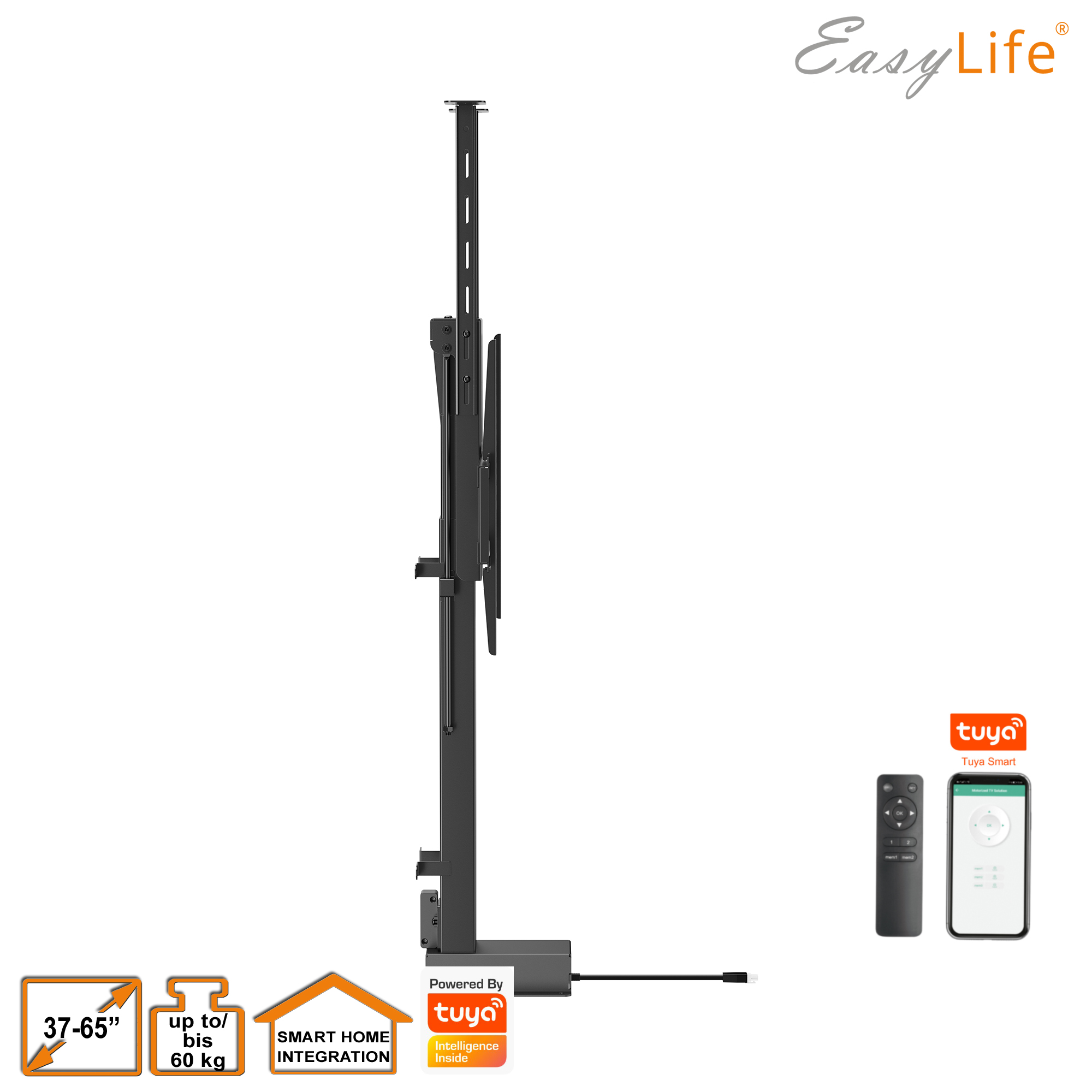 Schwarze TV-Halterung, Fernbedienung und Smart-Home-Integrationslogos auf Weiß. Text: 37-65", bis zu 60 kg, Smart Home Integration, Easy Life.