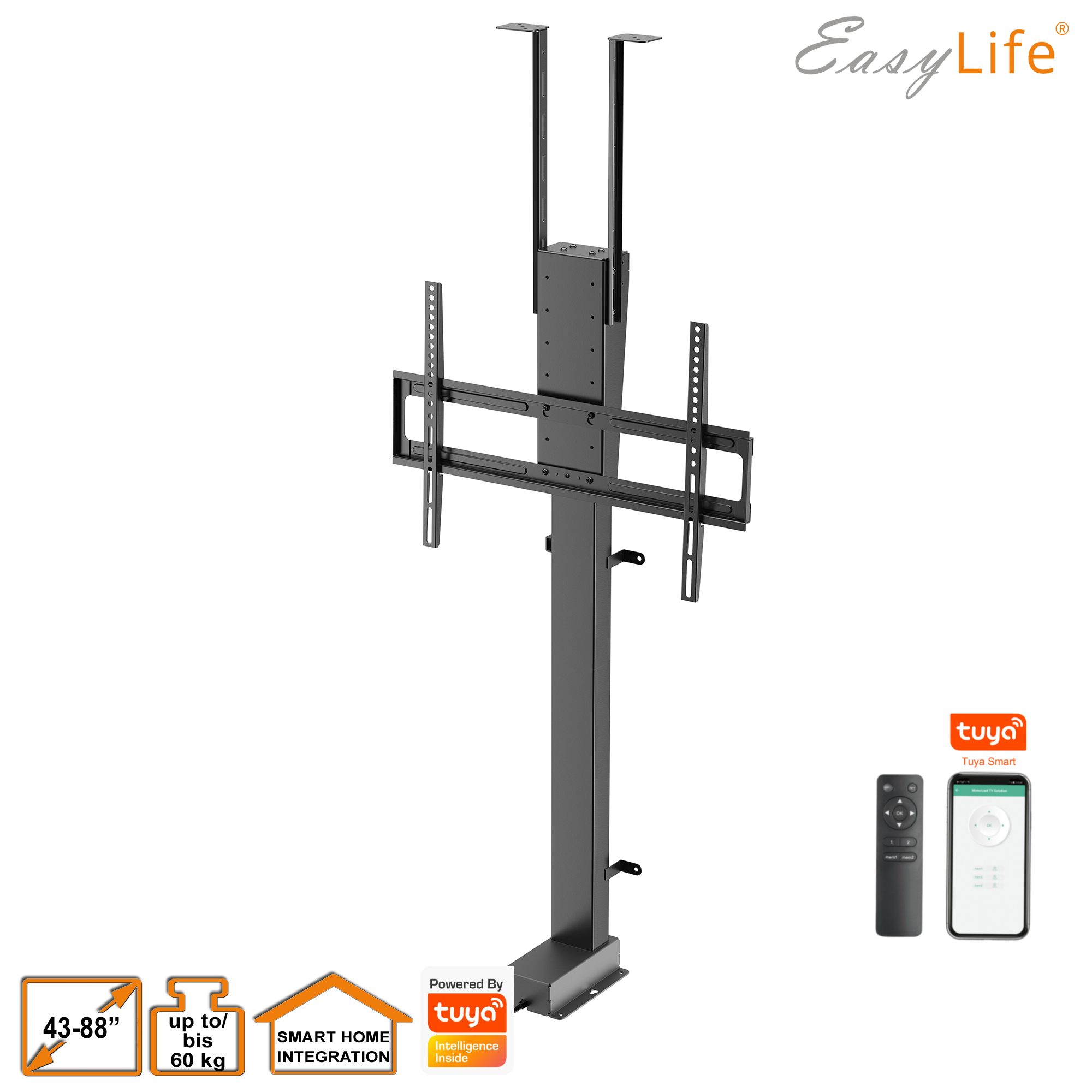 Ein schwarzer TV-Ständer mit Fernbedienung und Smartphone. Mit Easy Life Logo, Tuya Smart Logo und Größenangaben.