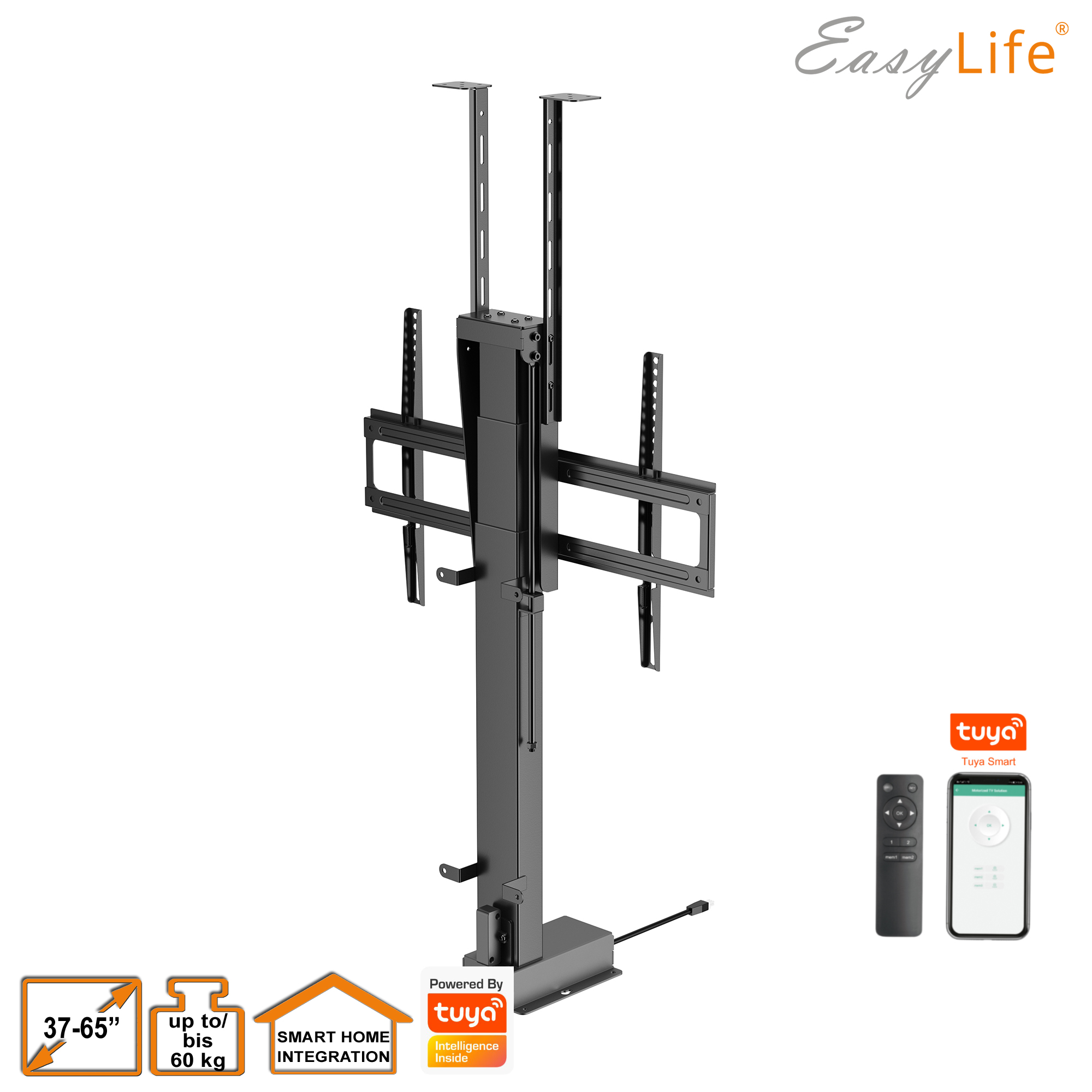 Ein schwarzer TV-Lift mit Fernbedienung und App. Zu den Merkmalen gehören Smart-Home-Integration, 37-65"-Display und bis zu 60 kg Gewicht.